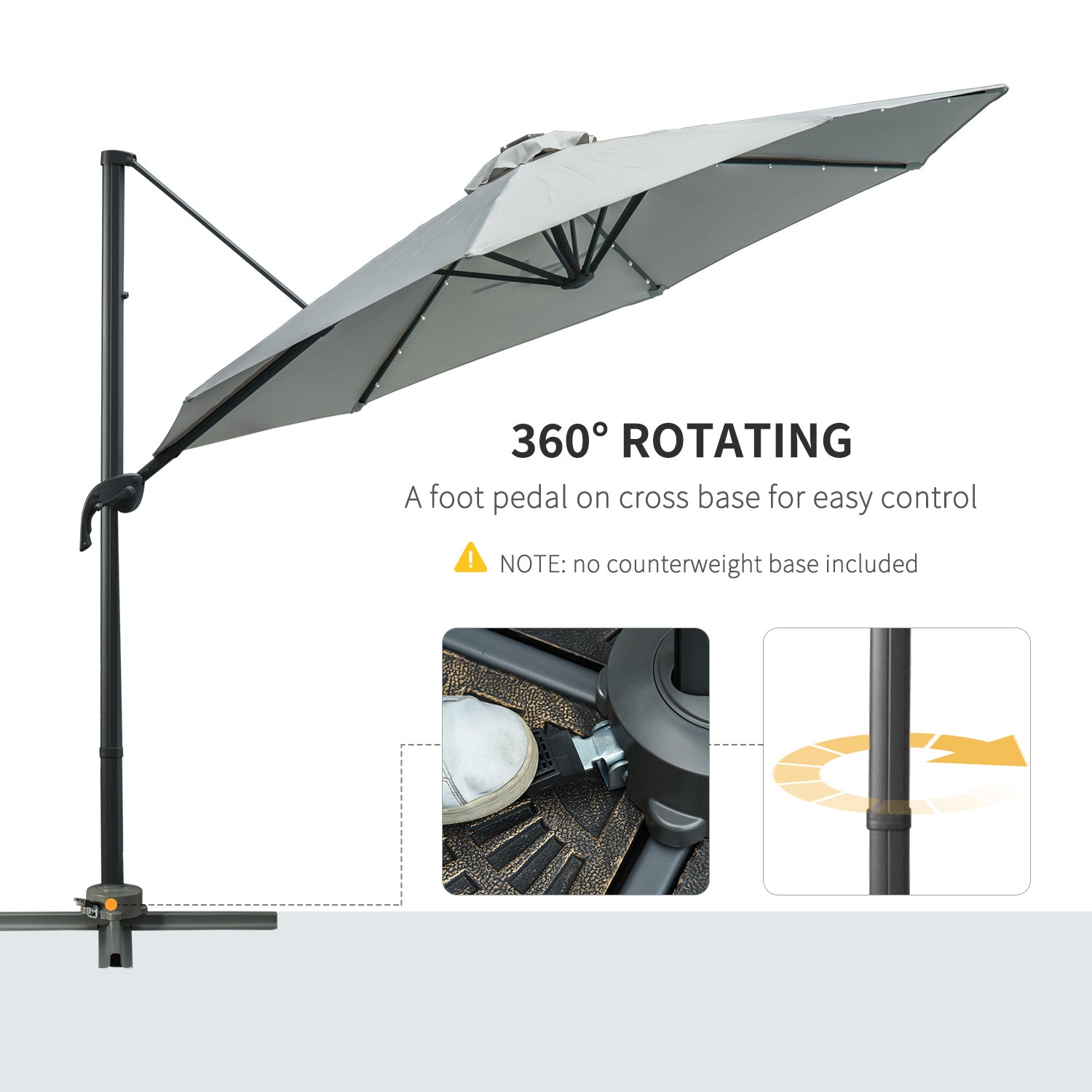 Outsunny 3(m) LED Cantilever Parasol Garden Sun Umbrella w/ Cross Base and Solar Lights Grey - North Peak Garden Furniture