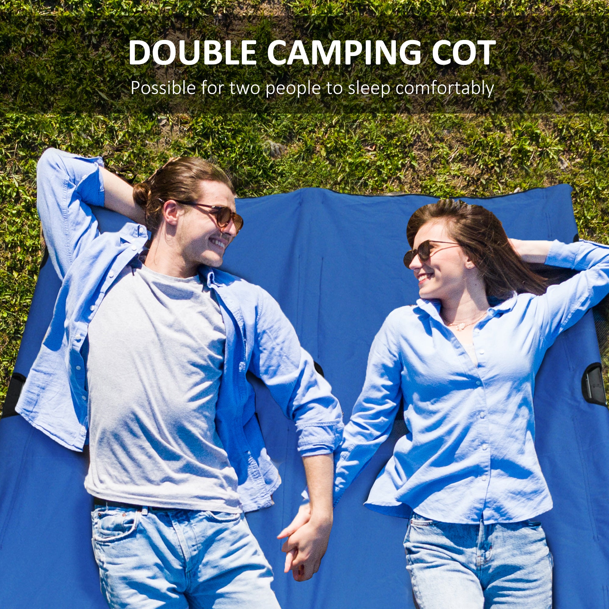 Outsunny Double Camping Bed Camping Cot Foldable Sunbed Outdoor Patio Sleeping Bed Super Light with Carry Bag (Blue) - North Peak Garden Furniture