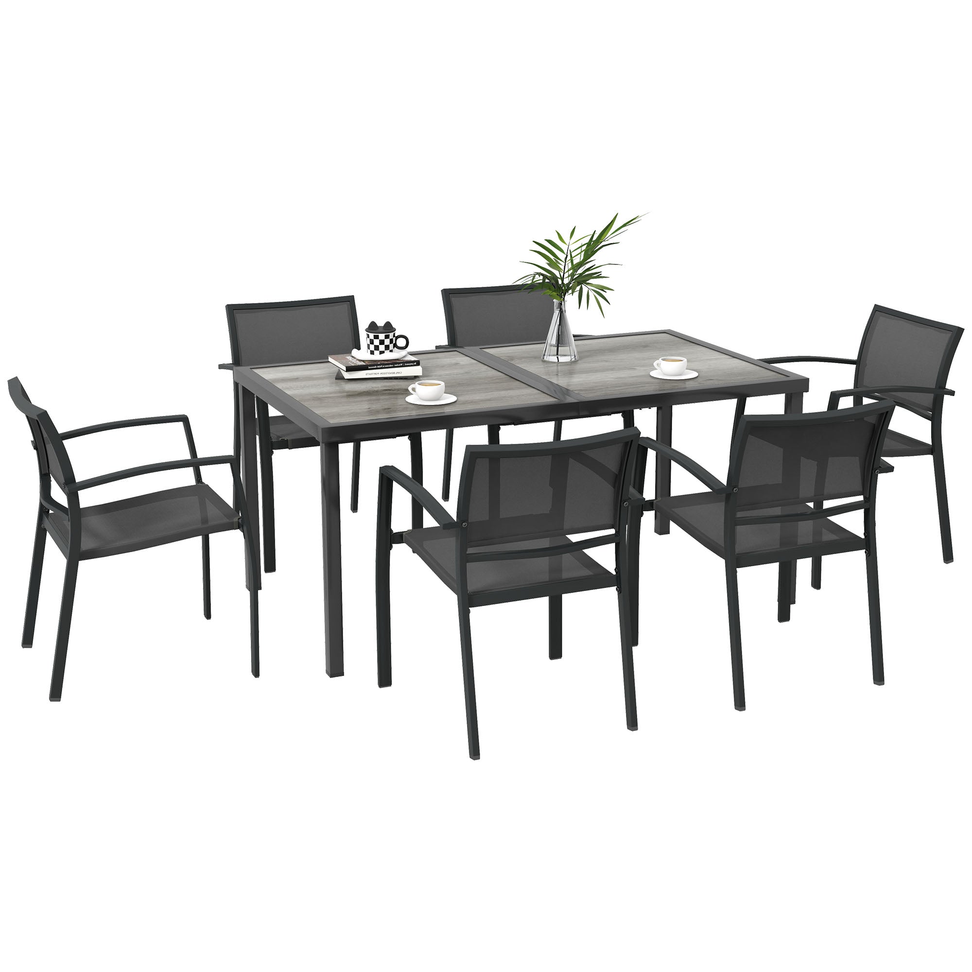 Outsunny Seven-Piece Casual Outdoor Dining Set, with Wood-Effect Table - Grey - North Peak Garden Furniture