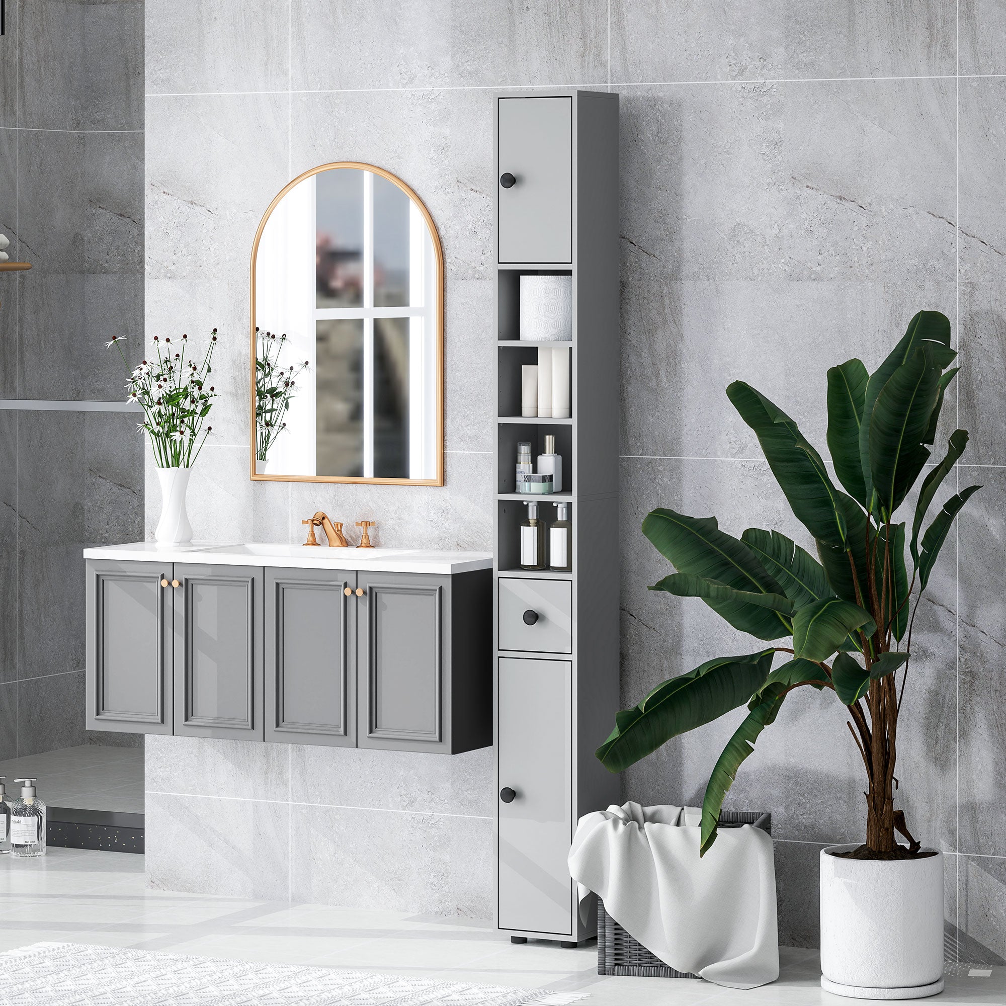 kleankin 180cm Slim Bathroom Cabinet, with Drawer, Shelves and Cupboards - Grey