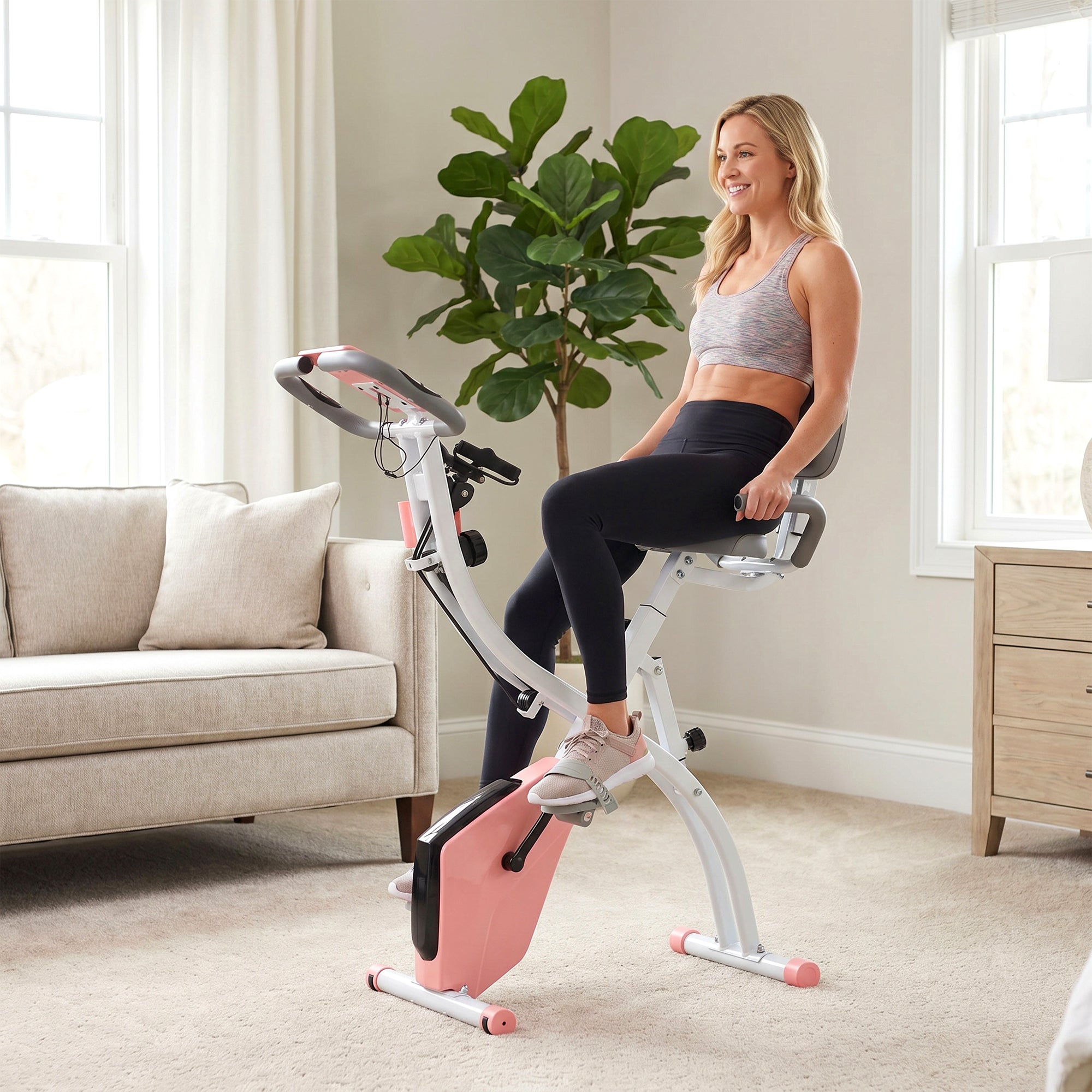 HOMCOM 2-in-1 Folding Exercise Bike with 8-Level Magnetic Resistance, Arm Resistance Band, Pulse Sensor, Pink