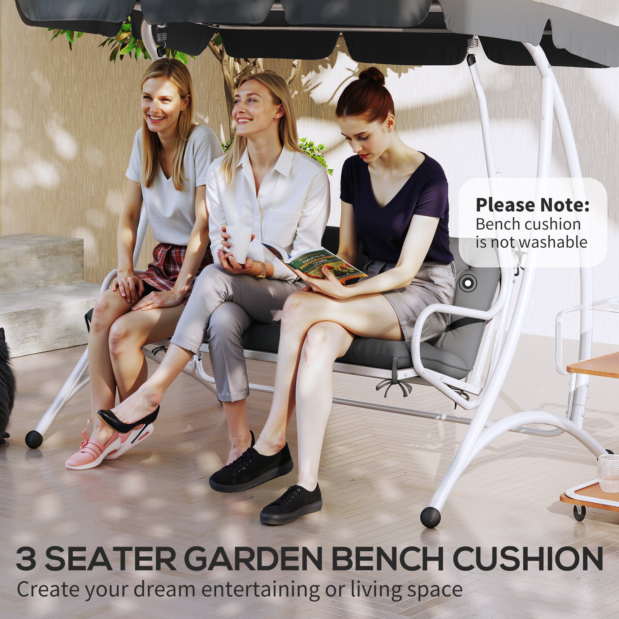 Outsunny 3 Seater Bench Cushion, Garden Chair Cushion with Back and Ties for Indoor and Outdoor Use, 98 x 150 cm, Dark Grey - North Peak Garden Furniture