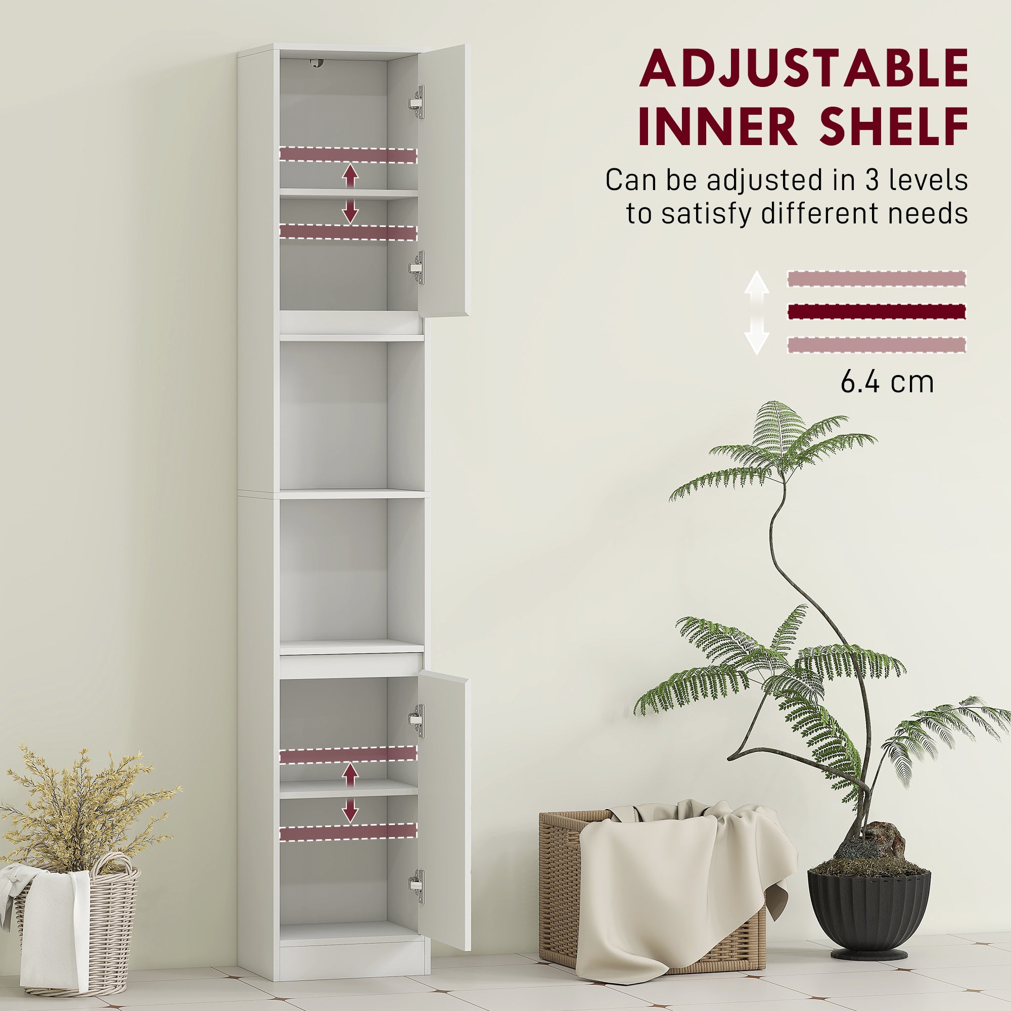 HOMCOM Narrow Bathroom Cabinet, Slim Bathroom Storage Unit with Open Compartment, Freestanding Storage Cupboard with Adjustable Shelves for Small Spaces, 30 x 24 x 170 cm, White