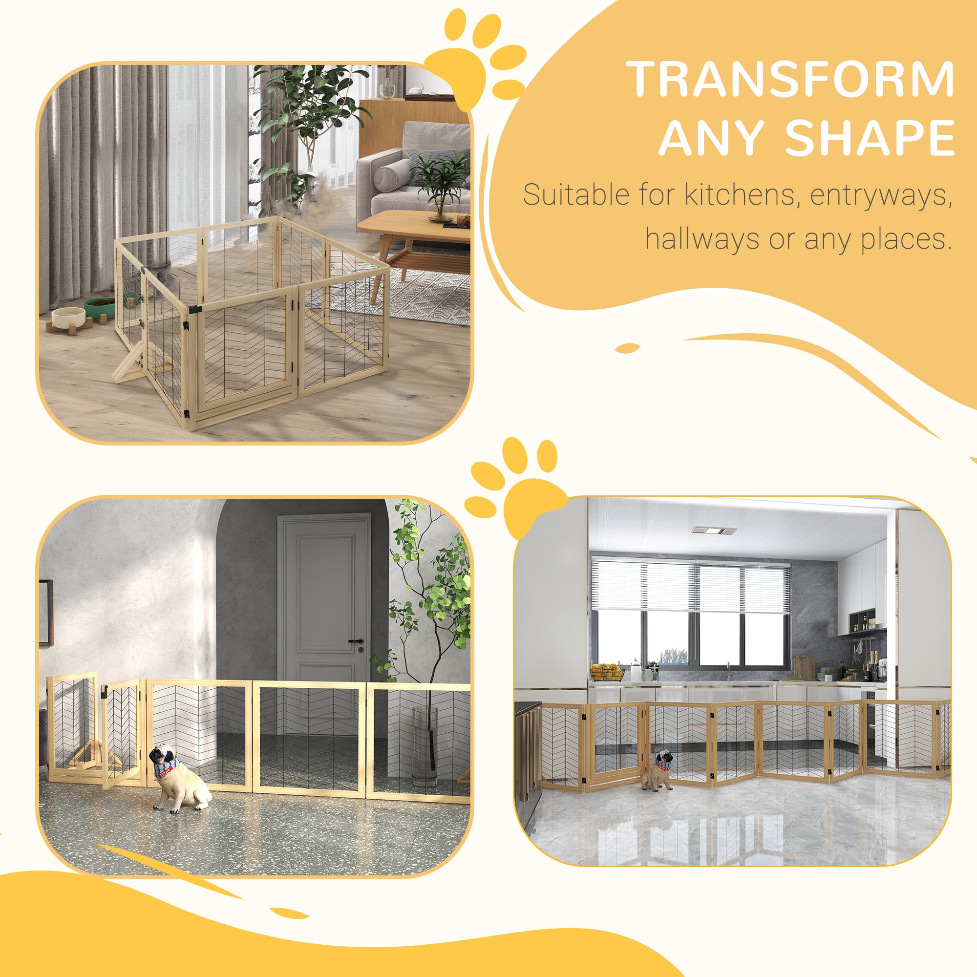 PawHut 8 Panels Foldable Pet Gate with Support Feet, for House, Doorway, Stairs, Small and Medium Dogs - Natural Wood - North Peak Garden Furniture