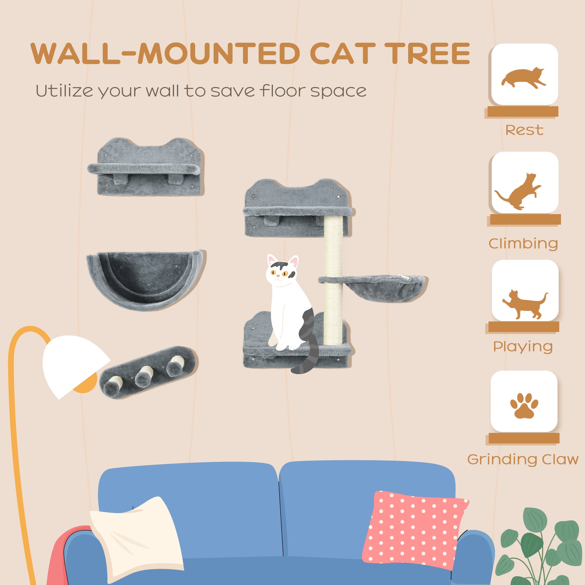 PawHut 4PCs Wall-Mounted Cat Shelves w/ Scratching Post, Hammock, Nest - Grey - North Peak Garden Furniture