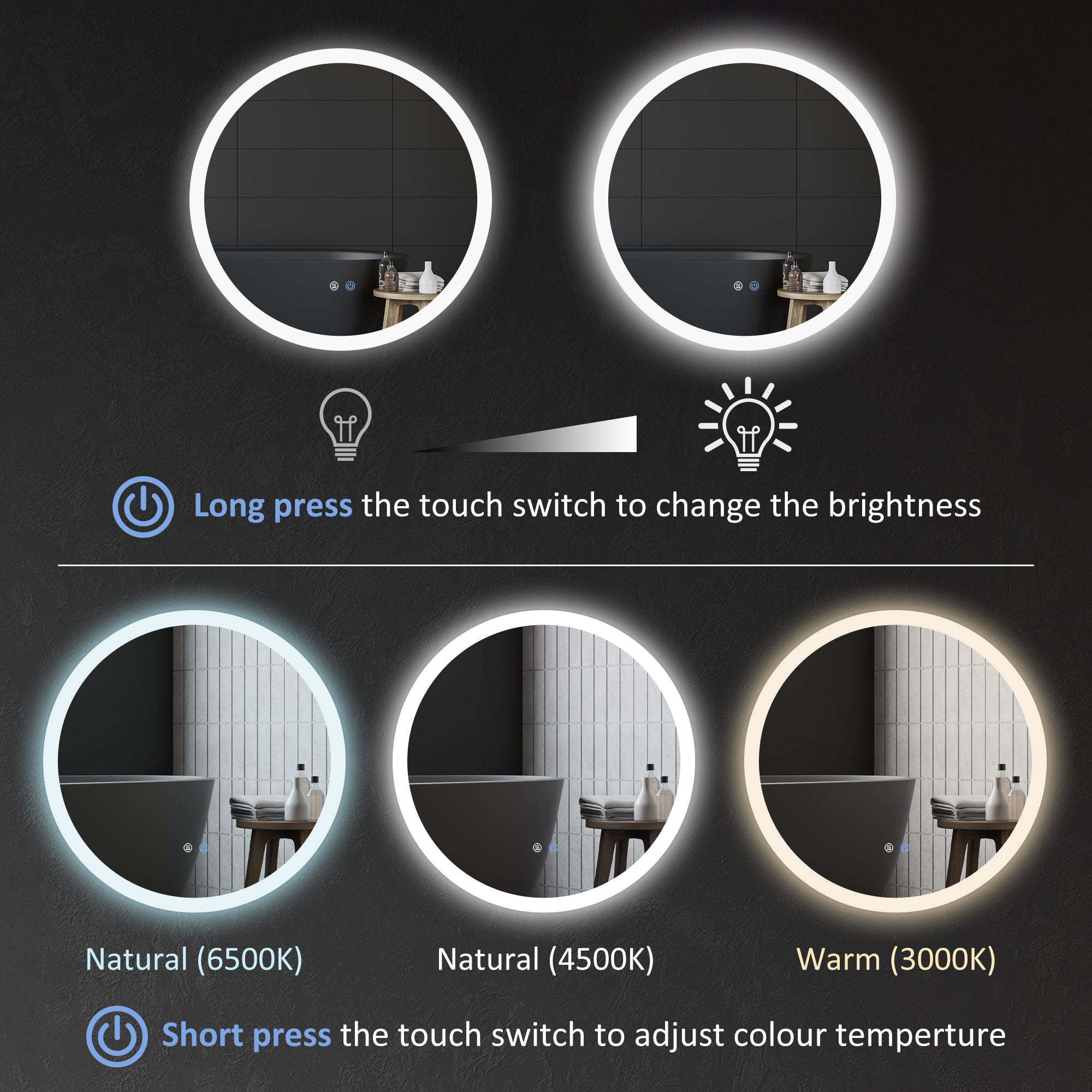 kleankin Round Bathroom Mirror with LED Lights, Wall-Mounted Dimmable Makeup Mirror with 3 Temperature Colours, Defogging Film, Memory Function, Hardwired, 70 x 70 cm - North Peak Garden Furniture