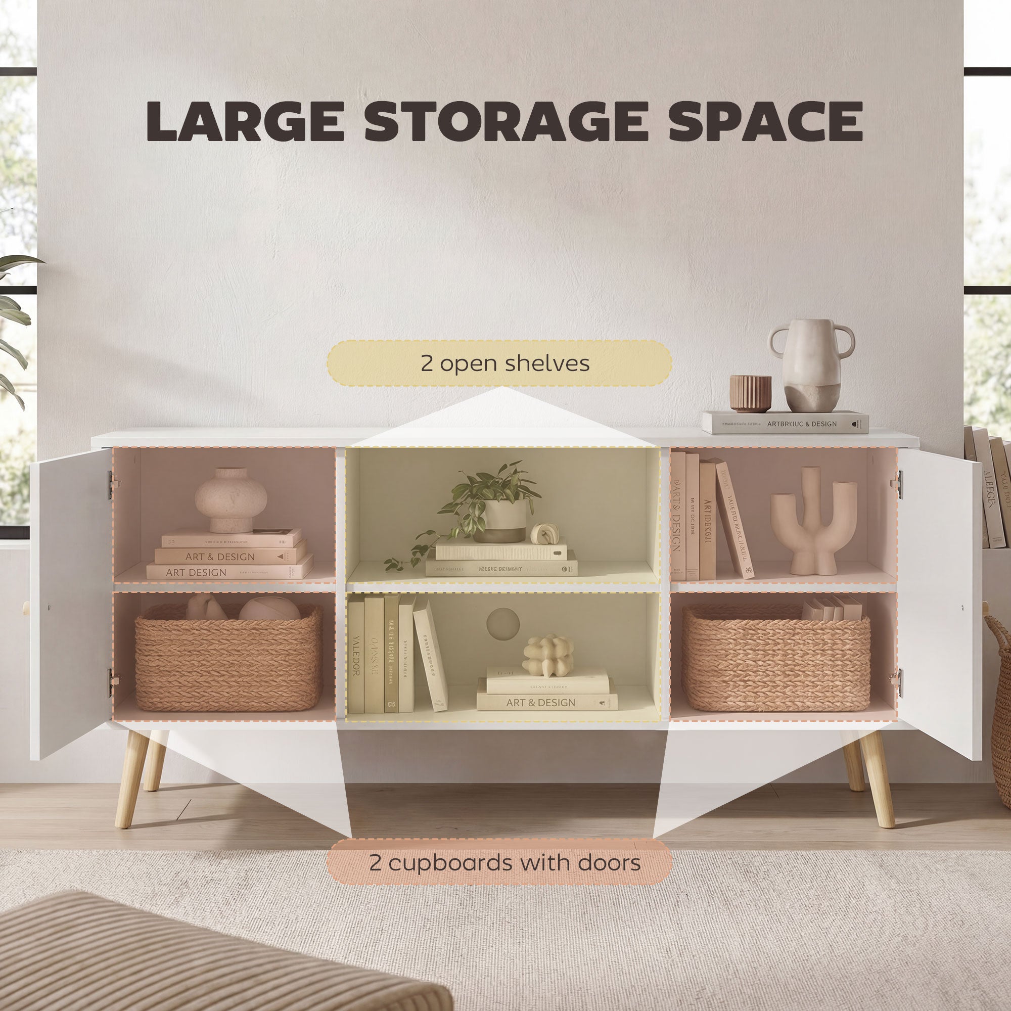 HOMCOM TV Unit Cabinet for TVs up to 55 Inches, TV Stand with Storage Shelves and Wood Legs for Living Room, White