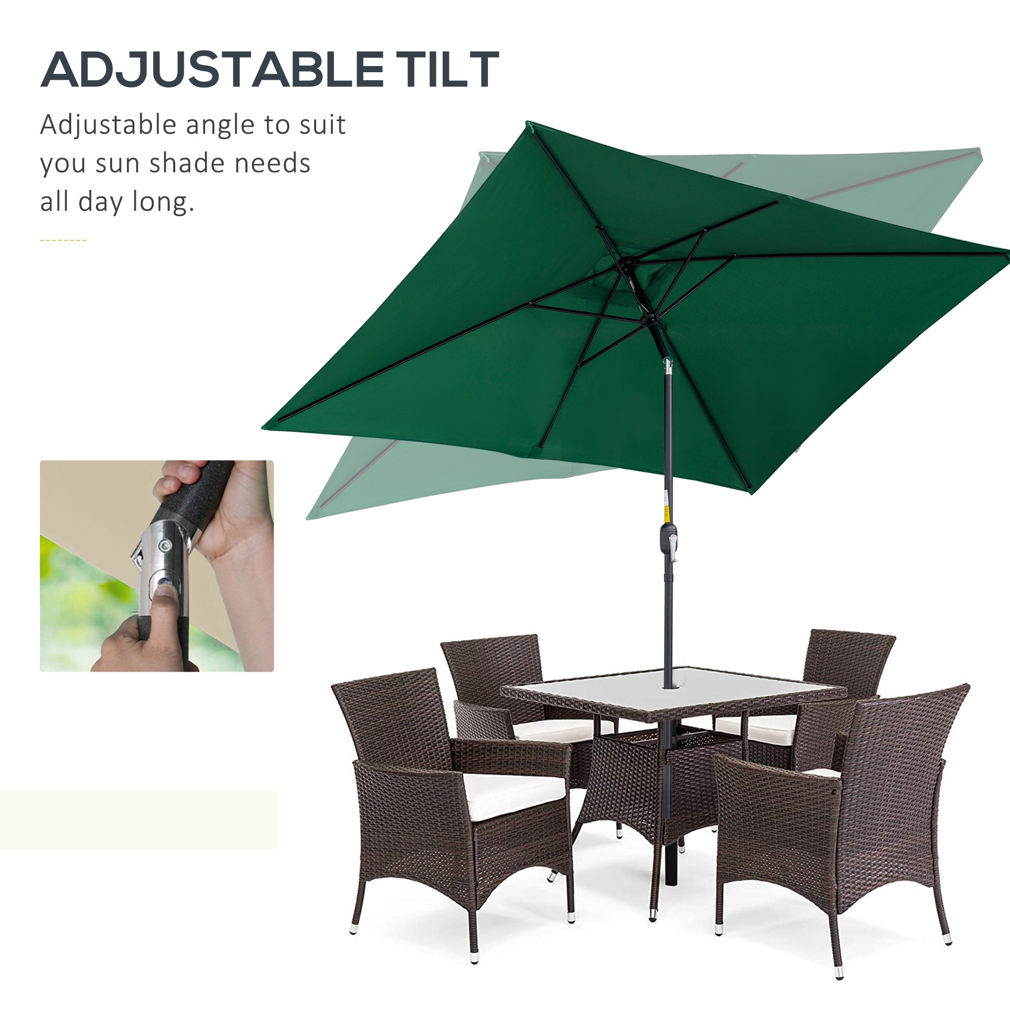 Outsunny 3x2m Patio Parasol Garden Umbrellas Canopy with Aluminum Tilt Crank Rectangular Sun Shade Steel, Green