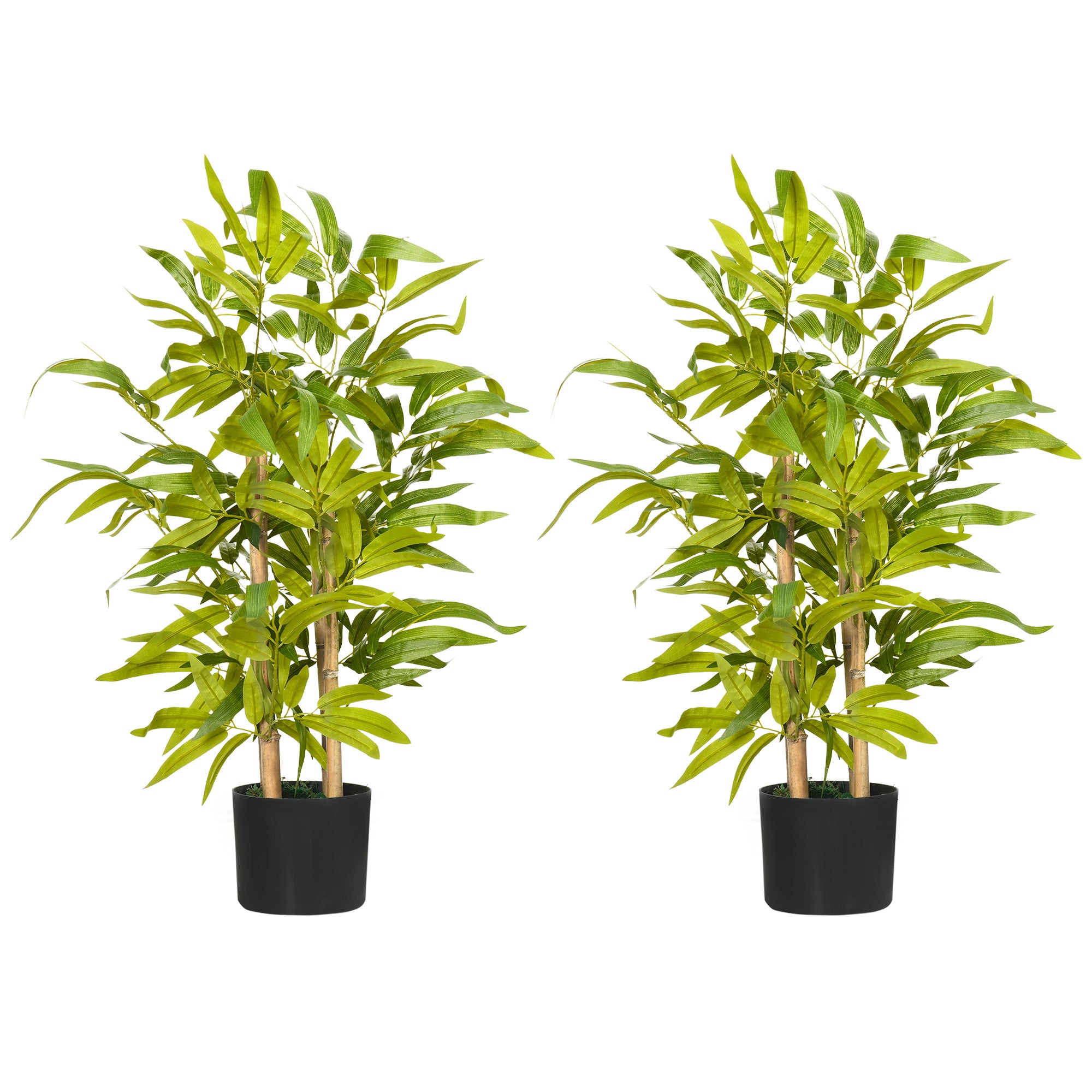 HOMCOM 2 PCs Artificial Plants Bamboo Tree in Pot Desk Fake Plants for Home Indoor Outdoor Decor, 15x15x60cm, Green - North Peak Garden Furniture