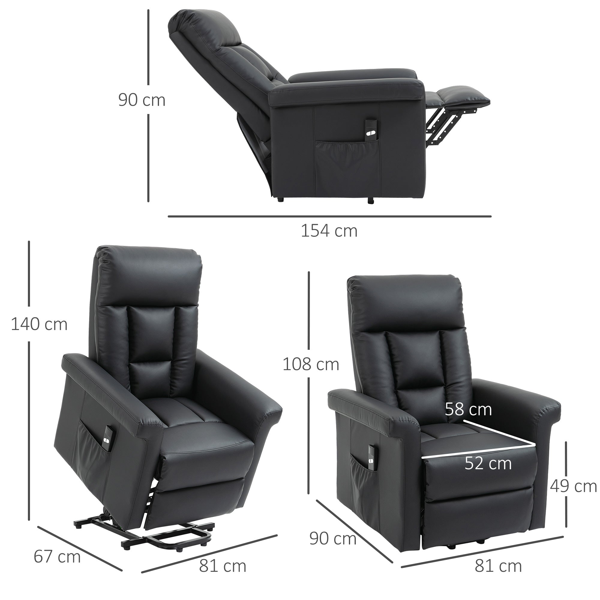HOMCOM Power Lift Chair, PU Leather Recliner Sofa Chair for Elderly with Remote Control, Side Pocket, Black - North Peak Garden Furniture