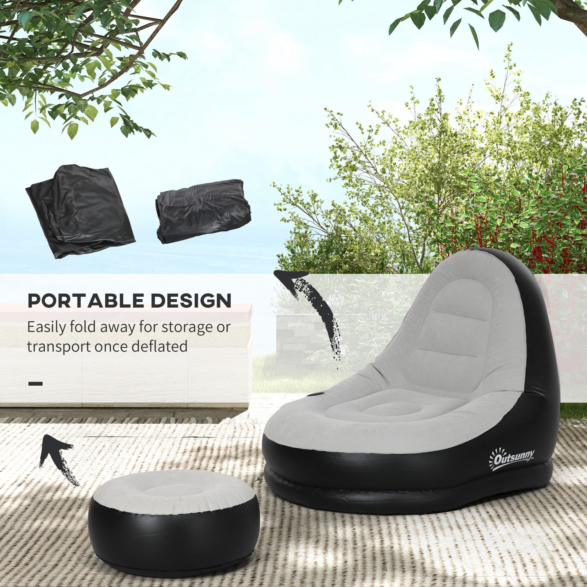 Outsunny Inflatable Sofa Chair and Foot Stool Set with Cup Holder, for Gaming, Reading and Movie Watching, Grey - North Peak Garden Furniture