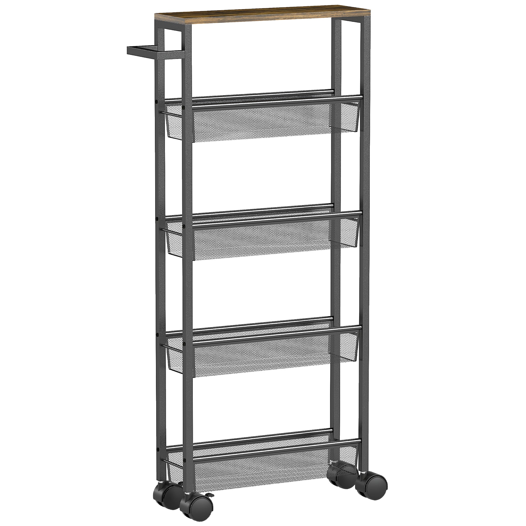 HOMCOM Slim Storage Trolley, 5-Tier Kitchen Cart on Wheels with Wood-effect Top, Handle for Living Room, Bathroom, Black