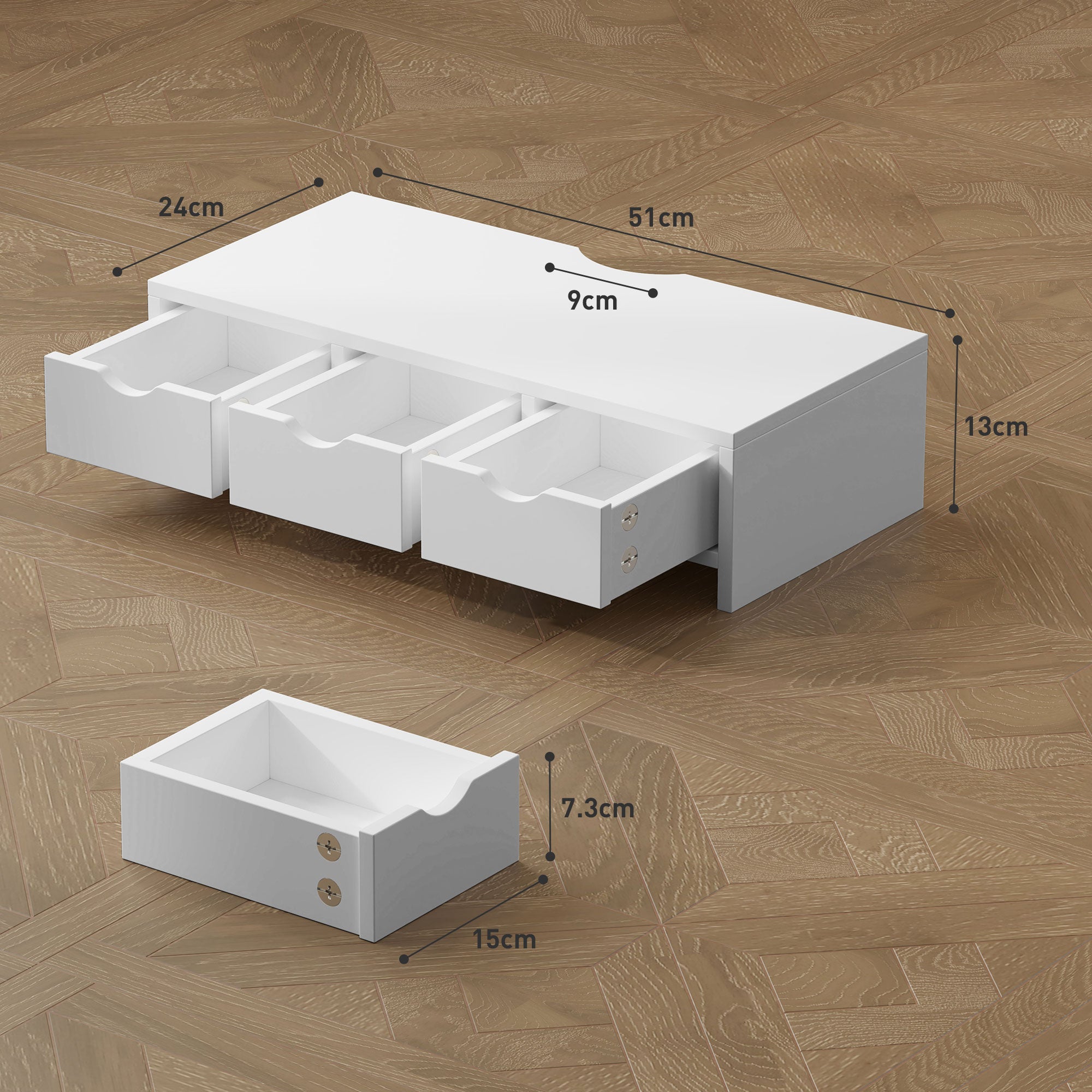 HOMCOM Monitor Stand Riser with 3 Drawers, Monitor Riser for Laptop, Computer, PC, Small Printer, 51 x 24 x 13cm, White - North Peak Garden Furniture