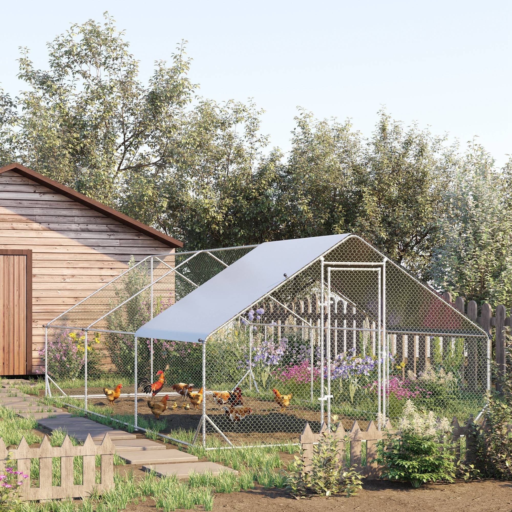 PawHut Galvanised Walk In Chicken Run w/ Cover 6 x 3 x 2m Silver - North Peak Garden Furniture
