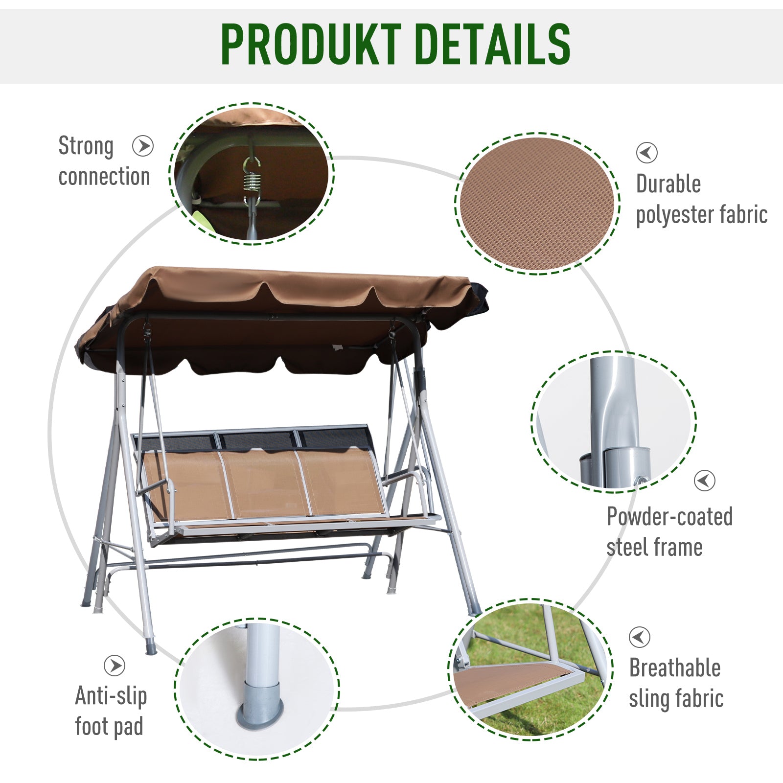 Outsunny Metal Garden Swing Chair, 3-Seater Swing Seat, Patio Hammock Bench Canopy Lounger, Brown