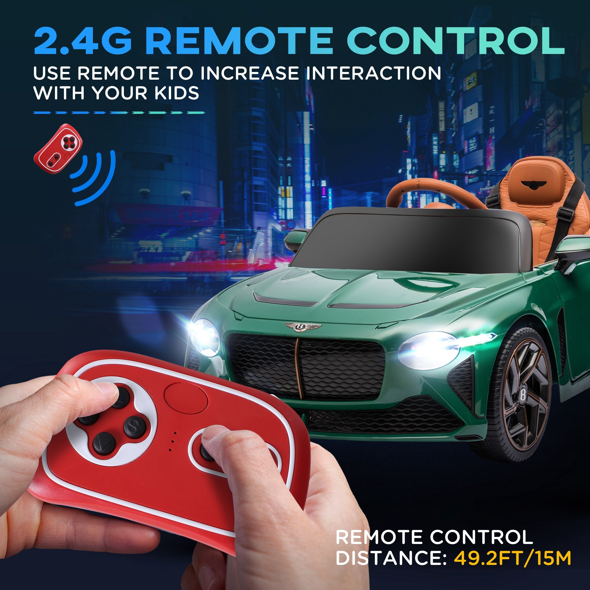 HOMCOM Bentley Bacalar Licensed 12V Kids Electric Car, with Remote Control, Horn, Lights, Music, Suspension Wheels, Green - North Peak Garden Furniture