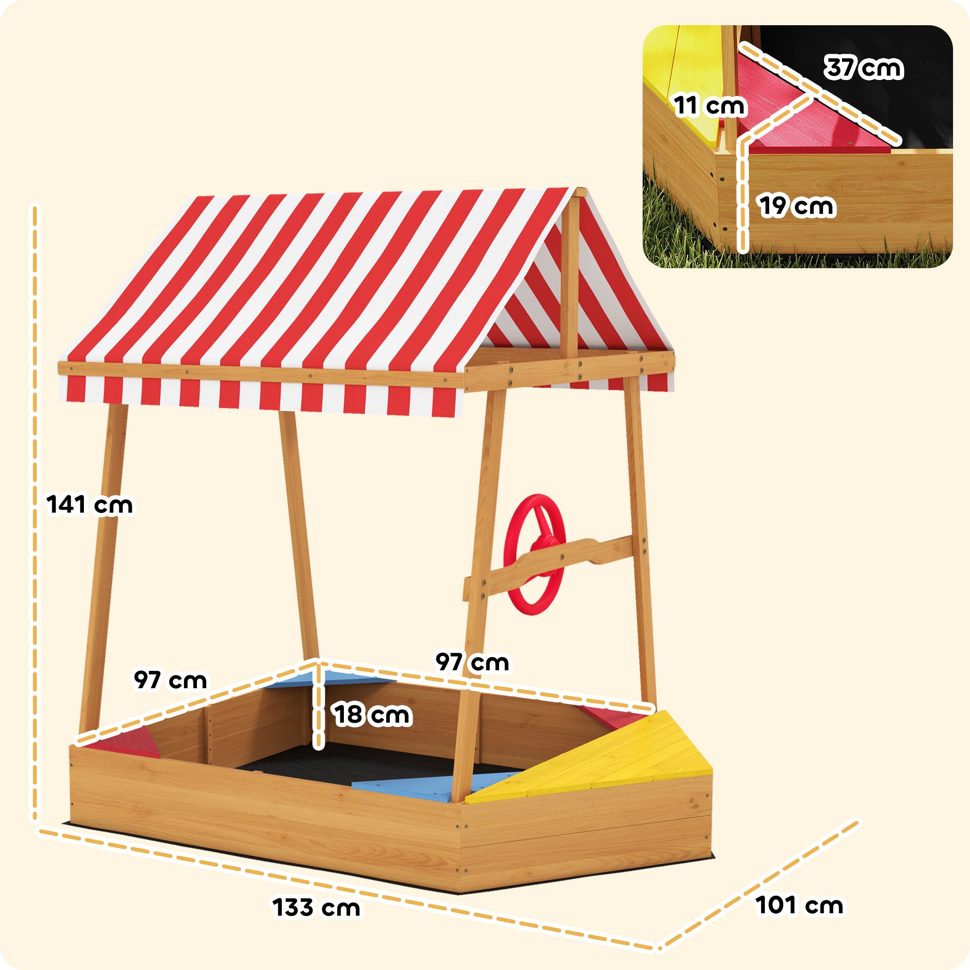 AIYAPLAY Wooden Kids Sandpit Boat Style with Canopy, 4 Seats, Rudder, Bottom Liner, for Children 3-8 Years, Yellow - North Peak Garden Furniture