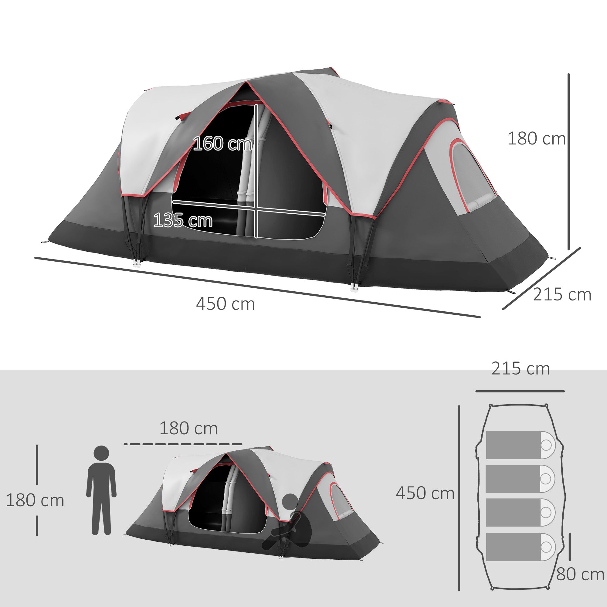 Outsunny Camping Tent for 6-8 Man with 2000mm Waterproof Rainfly and Carry Bag for Fishing Hiking Festival, Grey - North Peak Garden Furniture