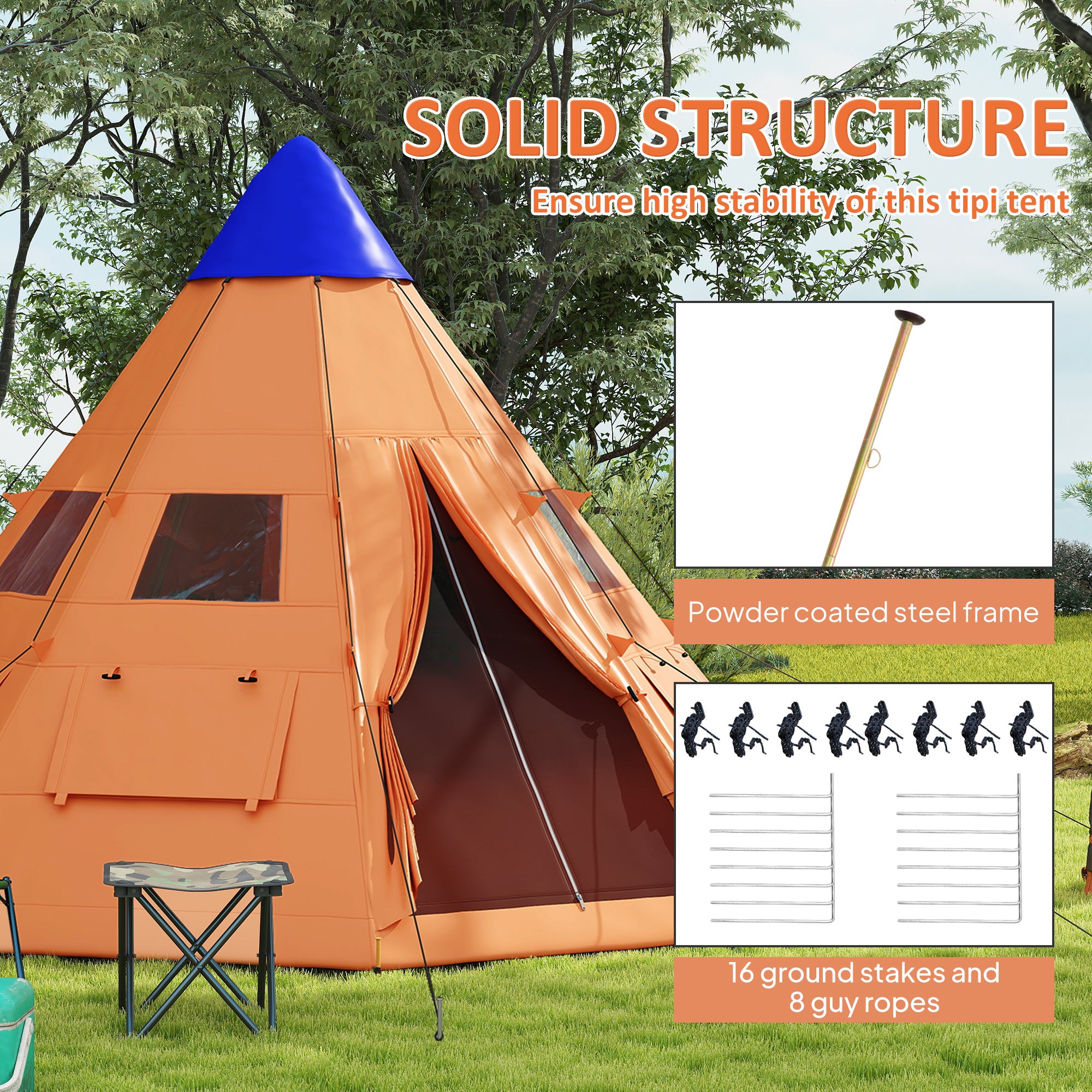 Outsunny 6 Men Tipi Tent with Carry Bag - Orange - North Peak Garden Furniture