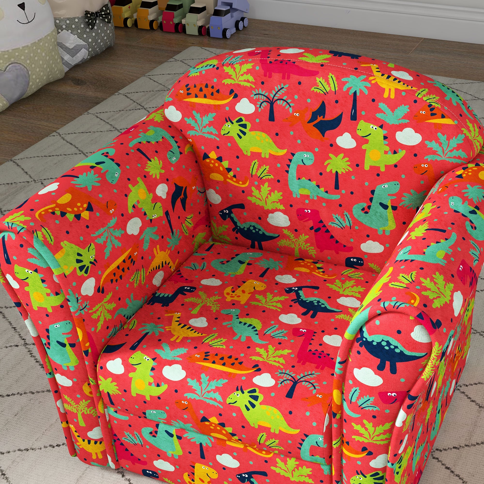 AIYAPLAY Kids Armchair with Dinosaur Design, Wooden Frame, for Bedroom, Playroom, Kids Room, Red - North Peak Garden Furniture