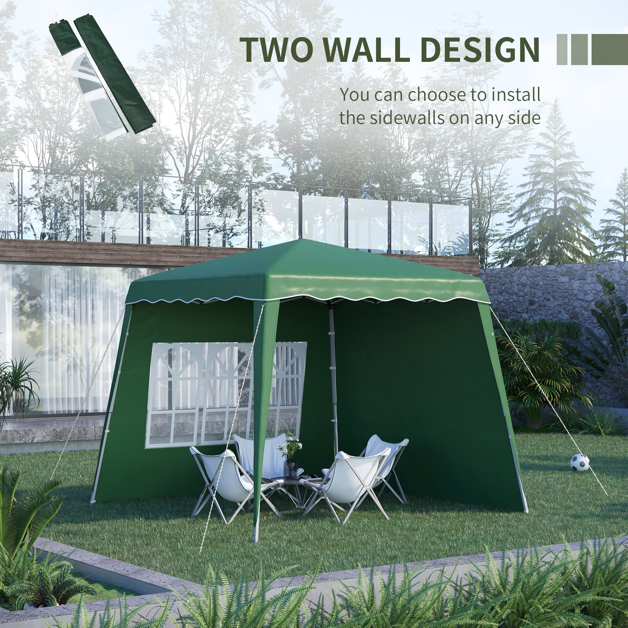Outsunny Pop Up Gazebo Canopy Tent with 2 Sidewalls and Carry Bag, Height Adjustable, UV50+ Party Tent Event Shelter for Garden, Patio, 2.4 x 2.4m Top / 2.9 x 2.9m Base, Green - North Peak Garden Furniture