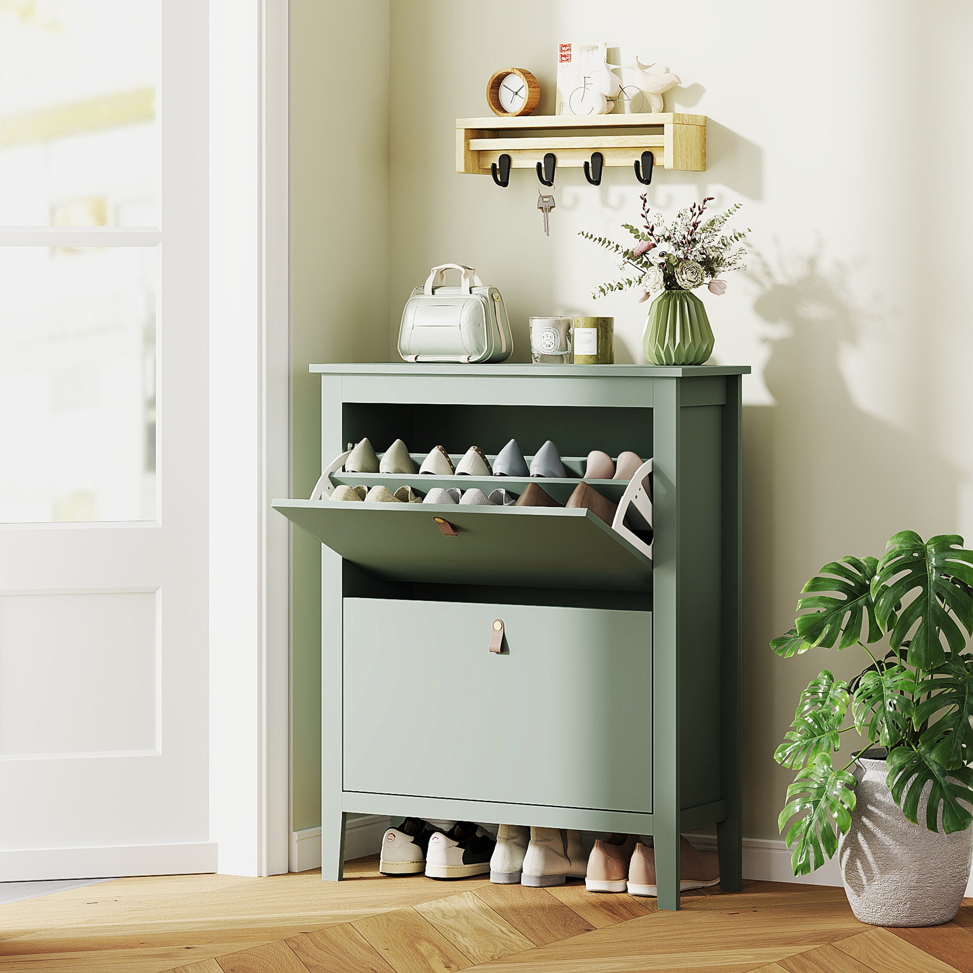 HOMCOM Modern Two-Drawer Shoe Cabinet - Green - North Peak Garden Furniture