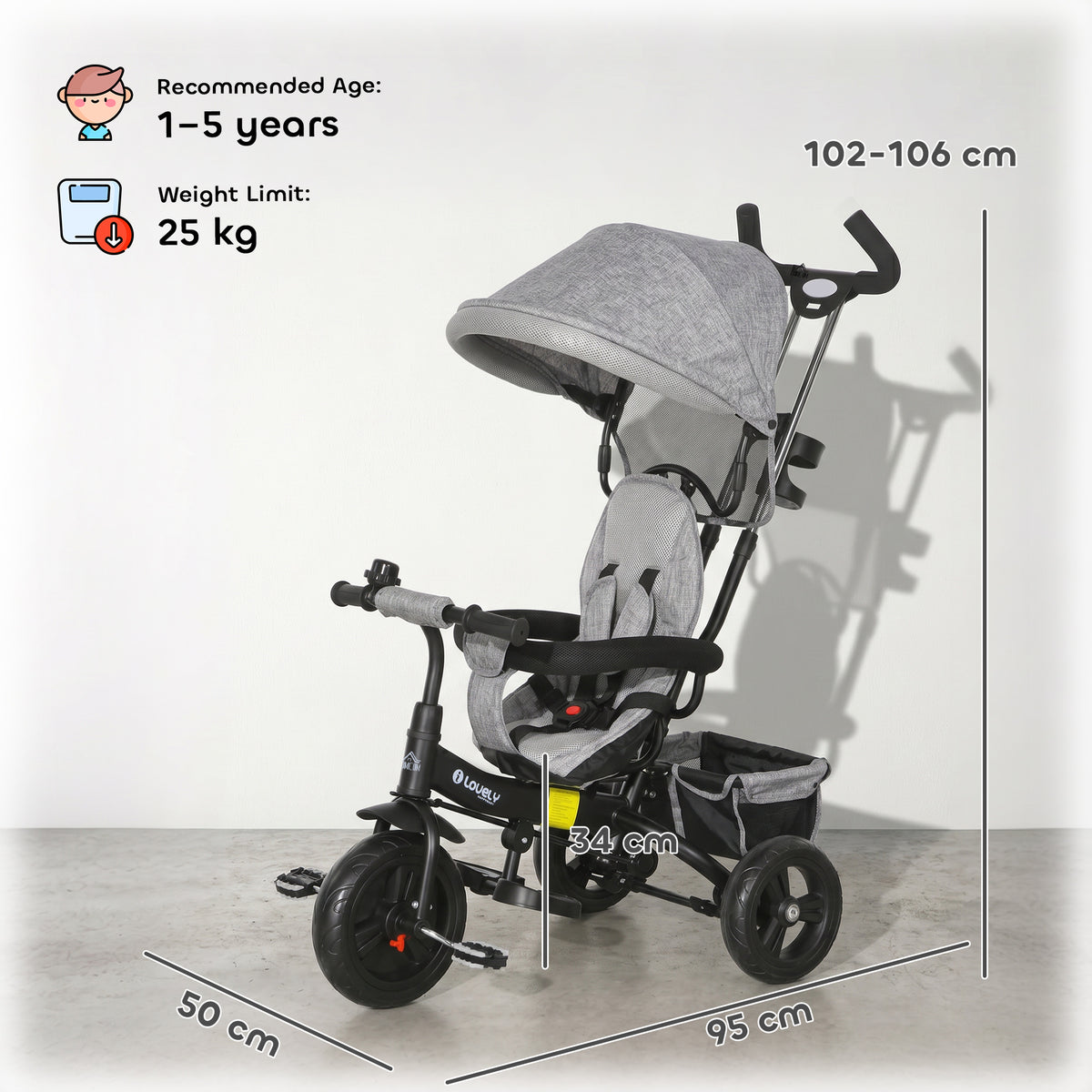 HOMCOM 6 in 1 Kids Trike Push Bike w/ Push Handle, Canopy, 5-point Safety Belt, Storage, Footrest, Brake, for 1-5 Years, Grey