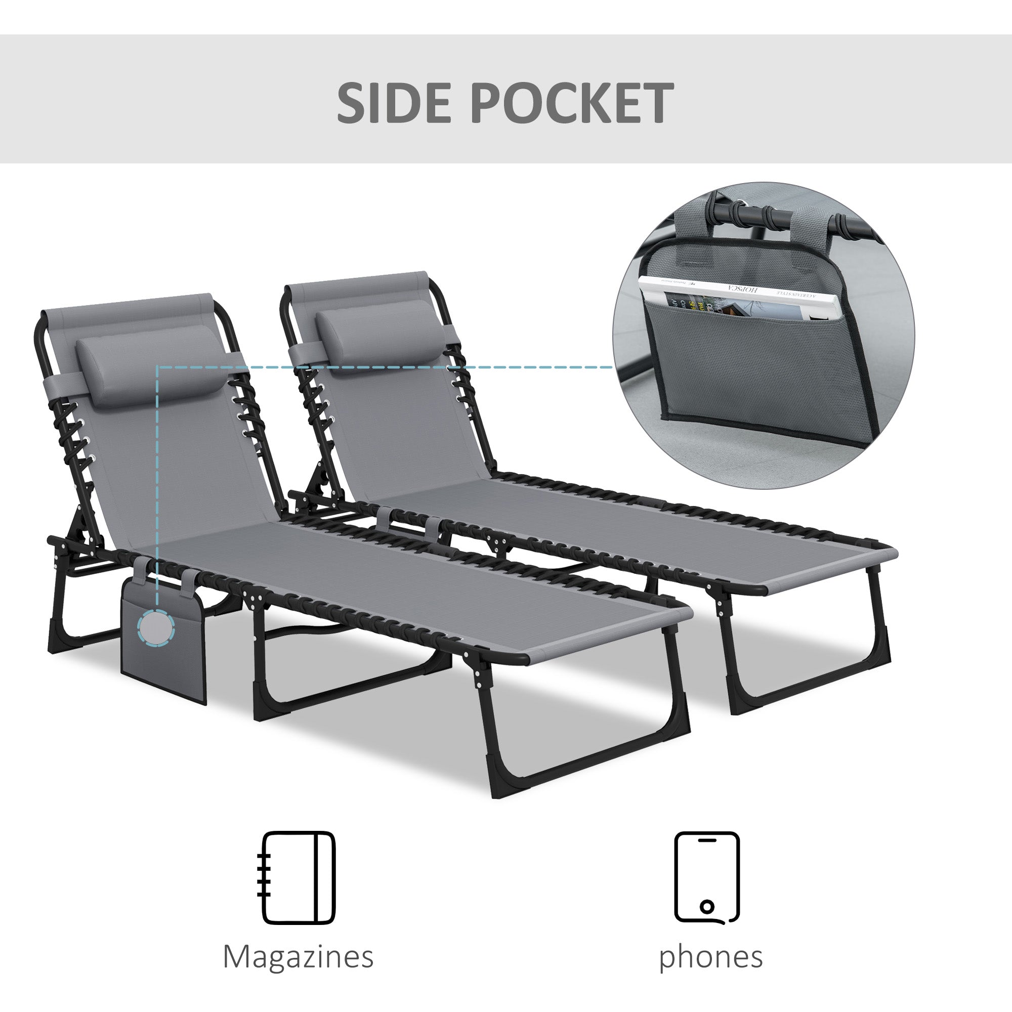 Outsunny Portable Sun Lounger Set of 2, Folding Camping Bed Cot, Reclining Lounge Chair 5-position Adjustable Backrest with Side Pocket, Pillow for Patio Garden Beach Pool, Grey - North Peak Garden Furniture