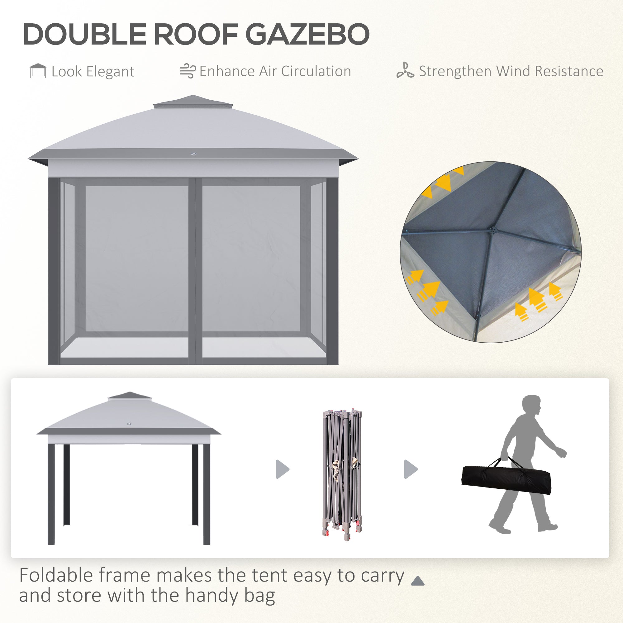 Outsunny 330cm x 330cm Pop Up Canopy, Double Roof Foldable Canopy Tent with Zipped Mesh Sidewalls, Height Adjustable and Carrying Bag, Event Tent for Patio Garden, Grey - North Peak Garden Furniture