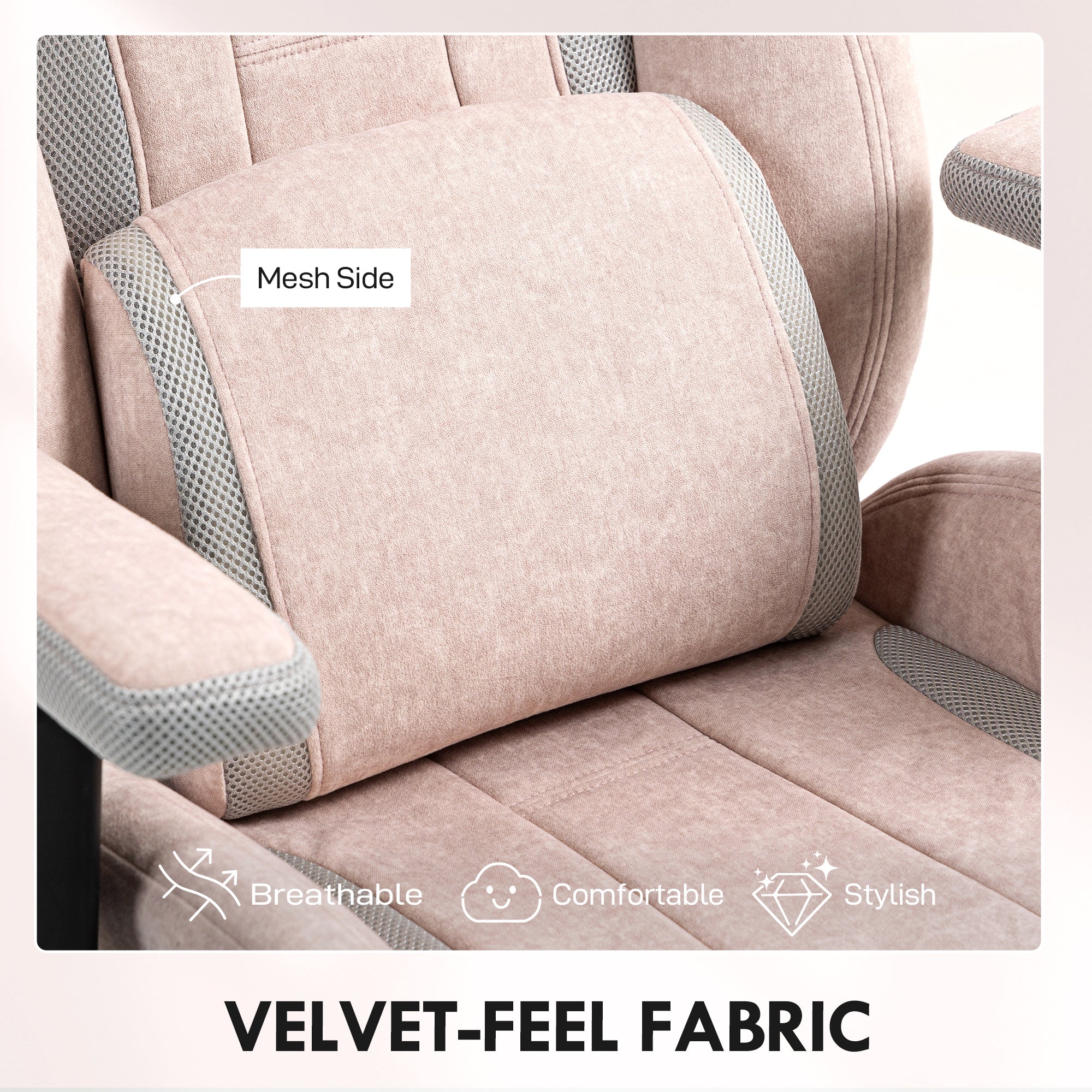 HOMCOM Fabric Gaming Chair with Lumbar Support, Headrest - Pale Pink - North Peak Garden Furniture
