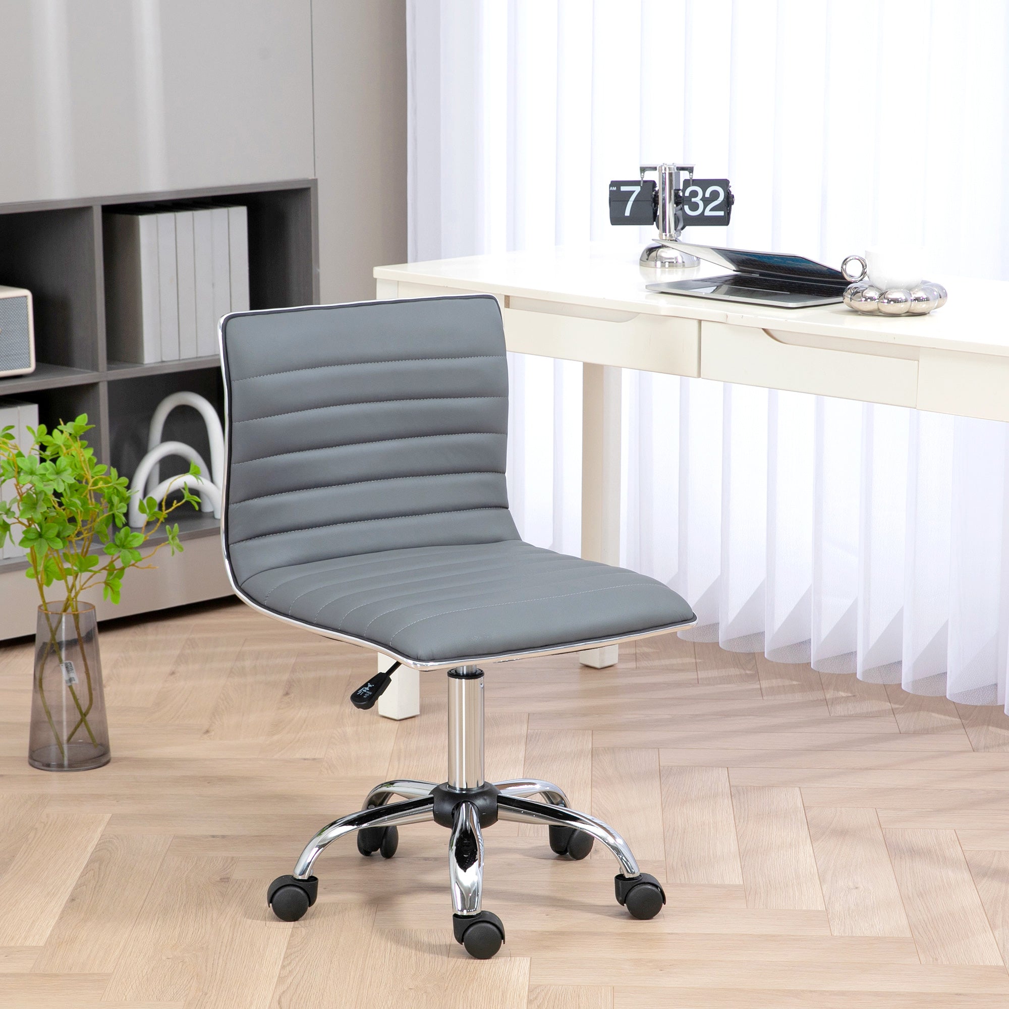 HOMCOM Adjustable Swivel Office Chair with Armless Mid-Back in PU Leather and Chrome Base - Light Grey - North Peak Garden Furniture