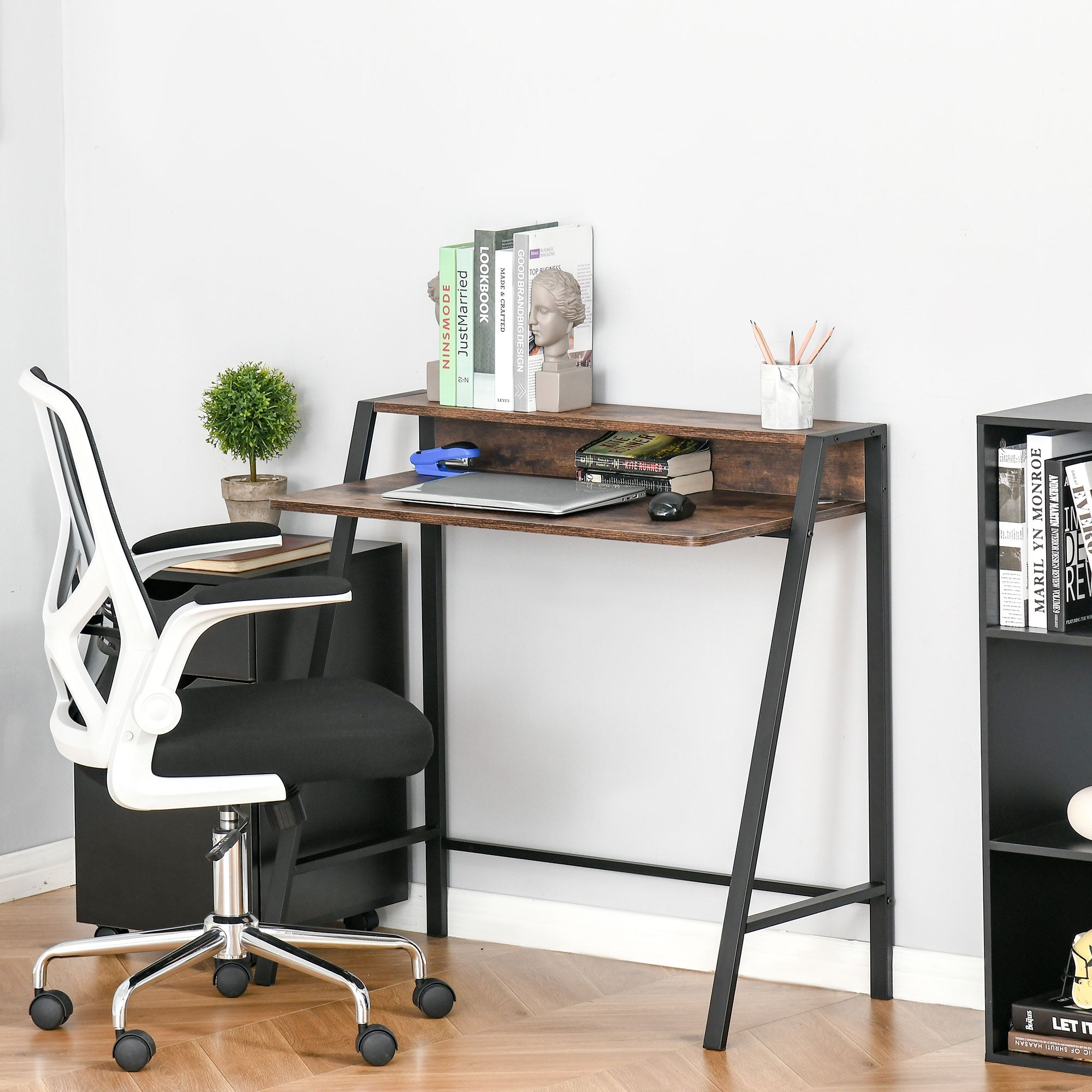 HOMCOM Writing Desk Computer Table Home Office PC Laptop Workstation Storage Shelf 84L x 45W cm Rustic Brown - North Peak Garden Furniture