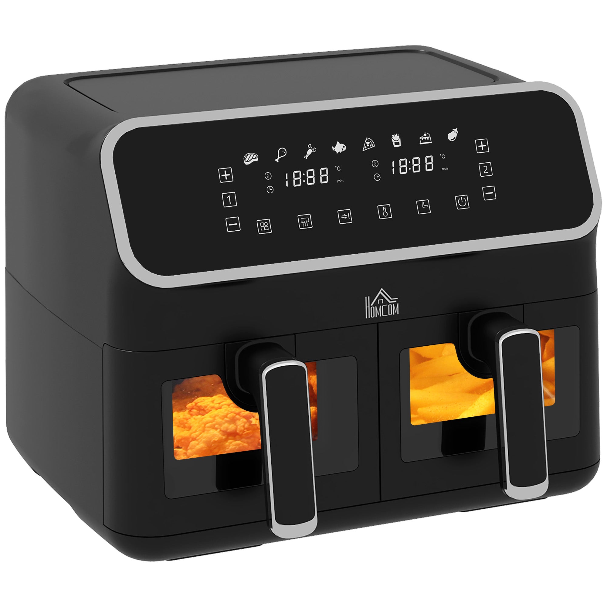 HOMCOM 8L Dual Basket Air Fryer, 80-200℃, with Sync Function - Black/Silver - North Peak Garden Furniture