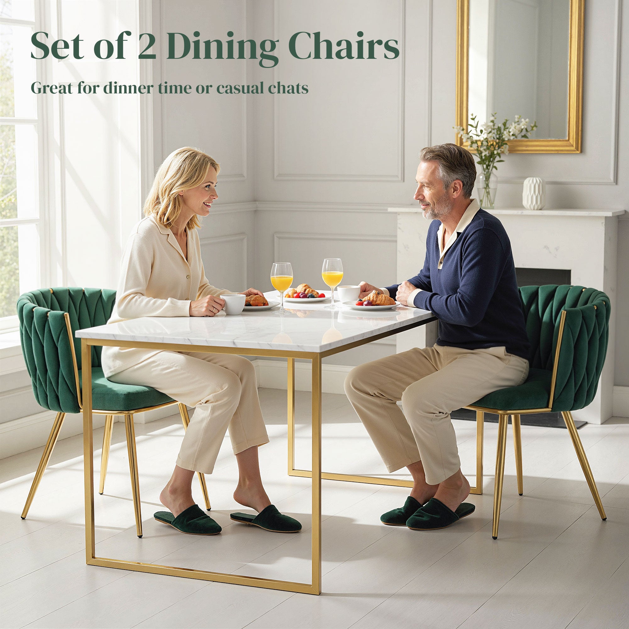 HOMCOM Velvet-Feel Dining Chairs Set of 2, Modern Upholstered Kitchen Chairs with Woven Backrest and Armrests, Metal Legs and Padded Seat for Dining Room, Bedroom, Living Room, Dark Green