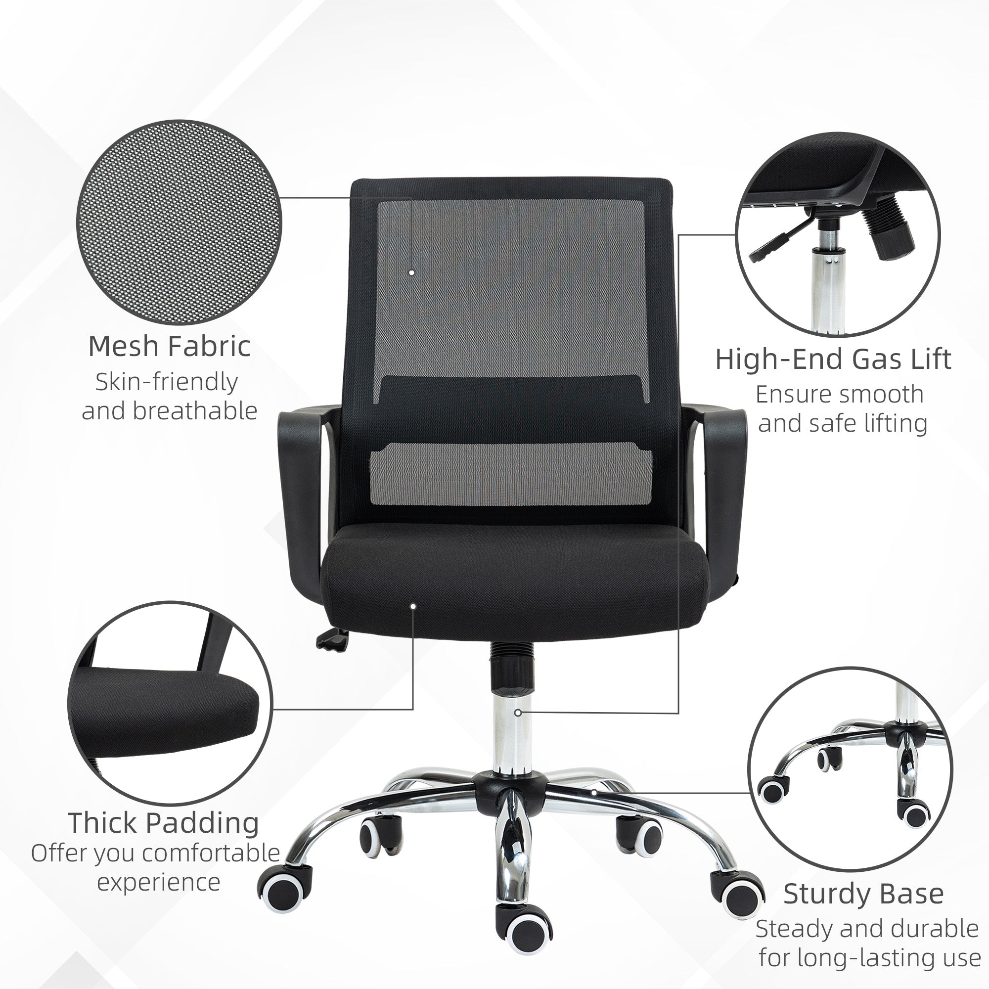 Vinsetto Mesh Back Office Chair, with Wheels - Black - North Peak Garden Furniture