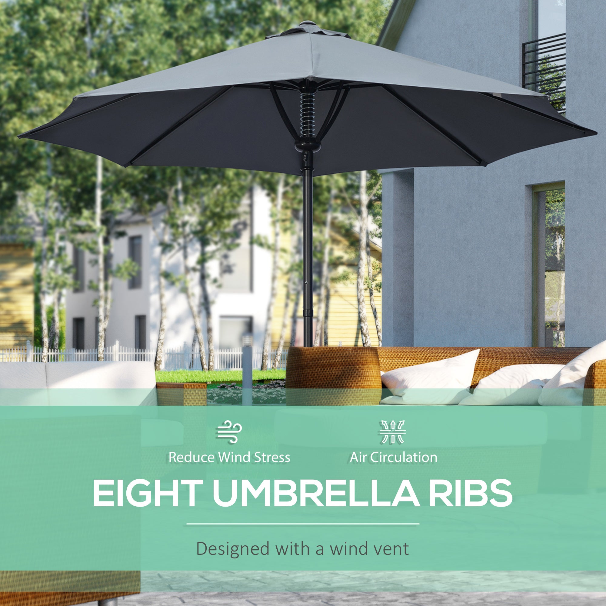 Outsunny Garden 3(m) Parasol Umbrella, Outdoor Market Table Umbrella Sun Shade Canopy with 8 Ribs, Easy Push to Open, Grey - North Peak Garden Furniture