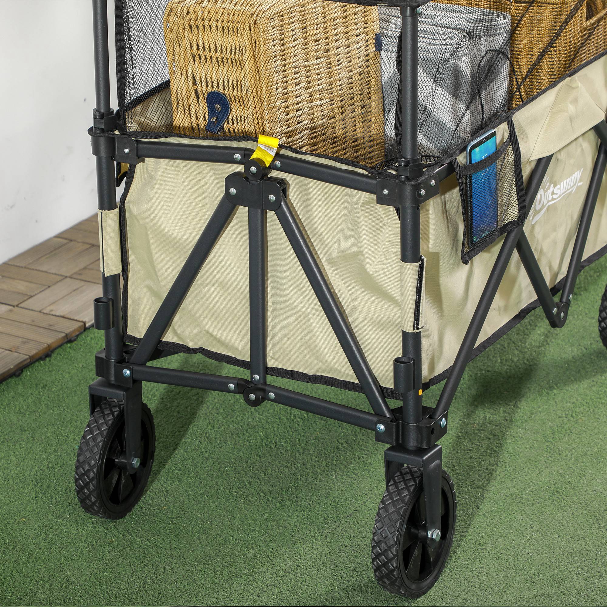 Outsunny Folding Garden Trolley, 180L Wagon Cart with Extendable Side Walls, for Beach, Camping, Festival, Khaki - North Peak Garden Furniture