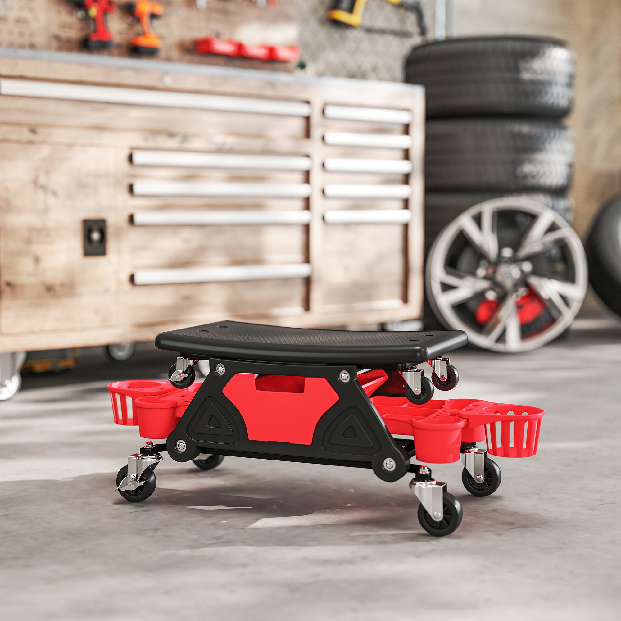 HOMCOM Rolling Mechanic Stool, 135kg Capacity Workshop Stool with 360° Swivel Wheels, Roller Creeper Seat with Slide Out Tool Trays, Drawer, Bottle Holders for Garage, Shop, Auto Repair, Red