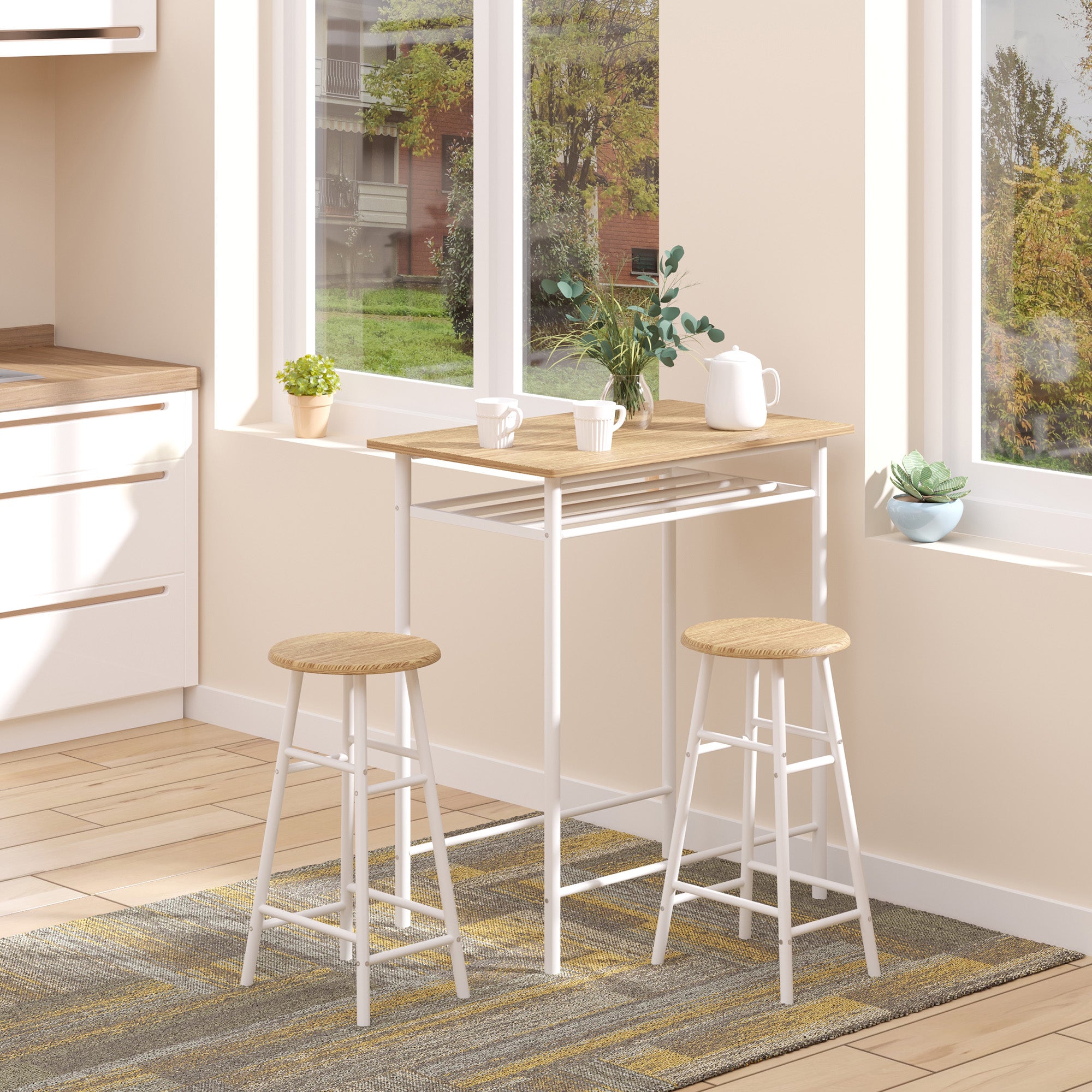HOMCOM Bar Table Set, Bar Table and Stools Set, Footrest and Storage Shelf, for Kitchen, Dining Room, Pub, Cafe, White and Oak - North Peak Garden Furniture
