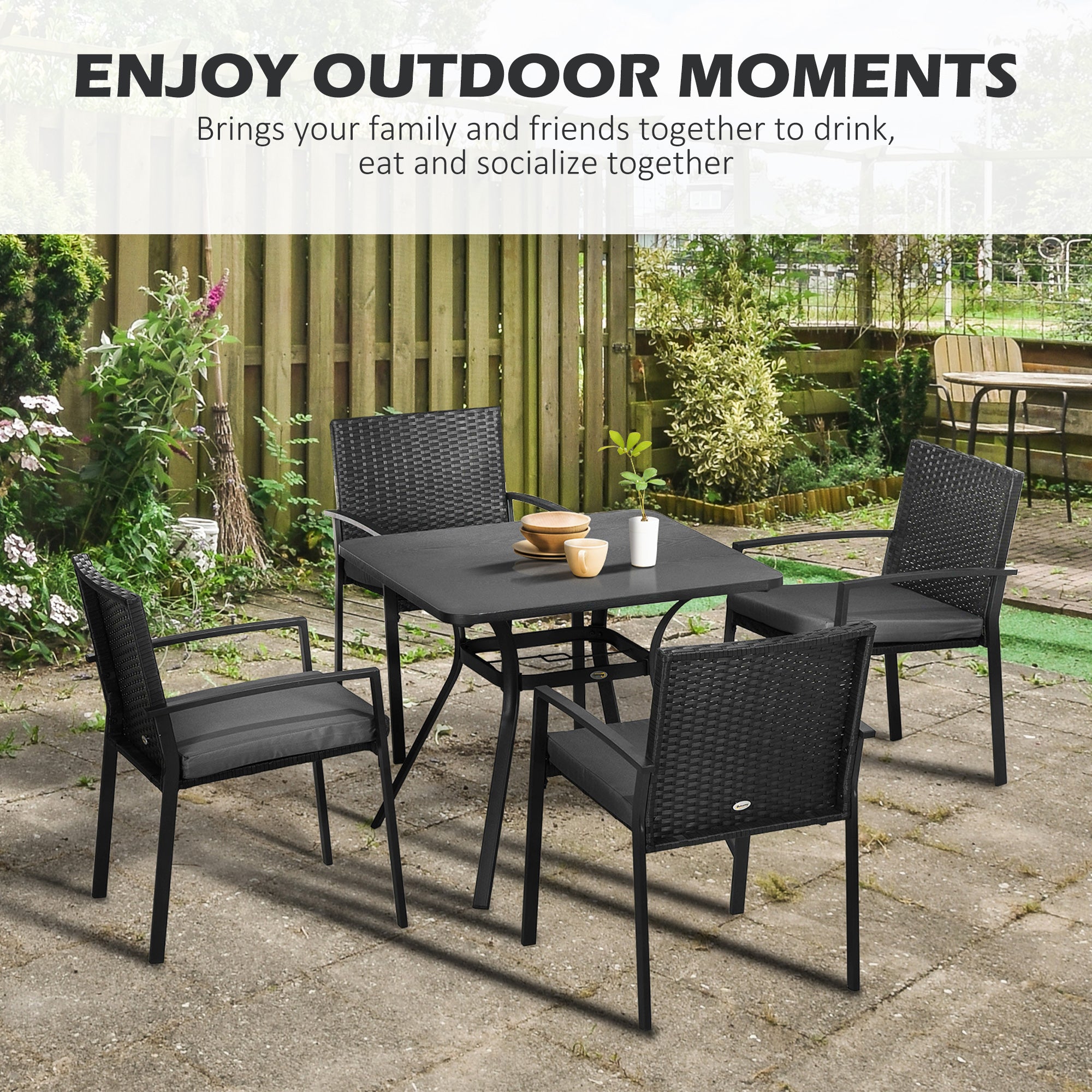 Outsunny Five-Piece Garden Dining Set, with Rattan Seat Chairs and Cushions - Black - North Peak Garden Furniture