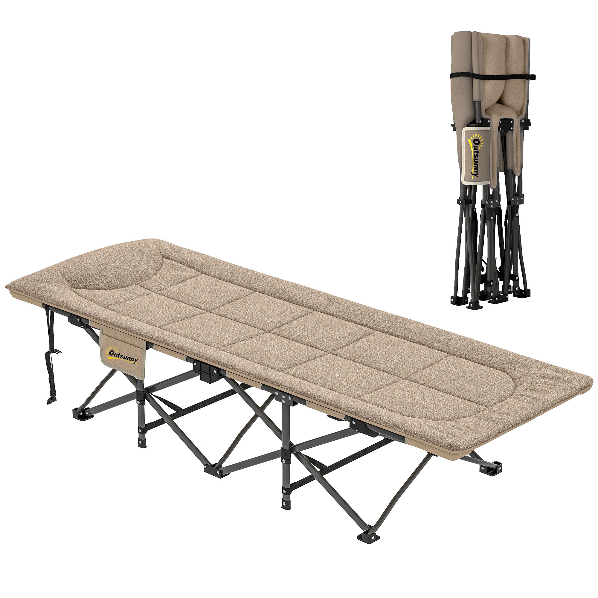 Outsunny Folding Camping Bed for Adults with Cushion, Heavy Duty Portable Travel Camping Cot with Headrest, Side Pocket and Non-Slip Foot Pads for Outdoor Beach Travel Office, Khaki - North Peak Garden Furniture