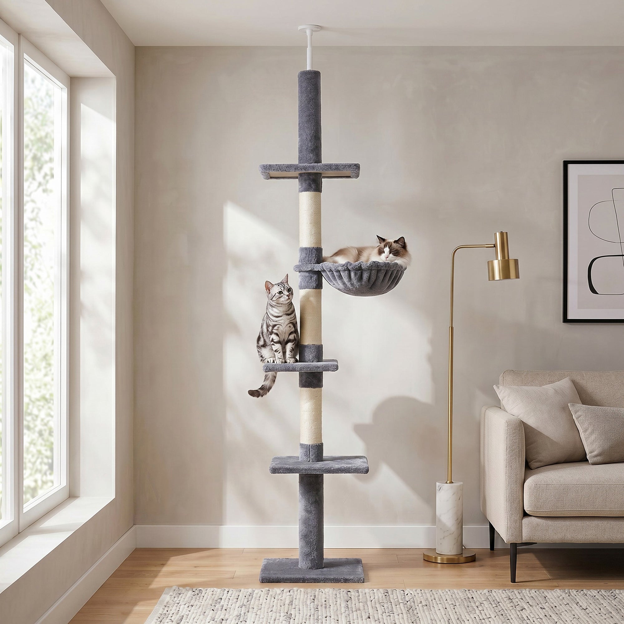 PawHut Floor to Ceiling Cat Tree for Indoor Cats 5-Tier Kitty Tower Climbing Activity Center Scratching Post Adjustable Height 230-260 cm Grey