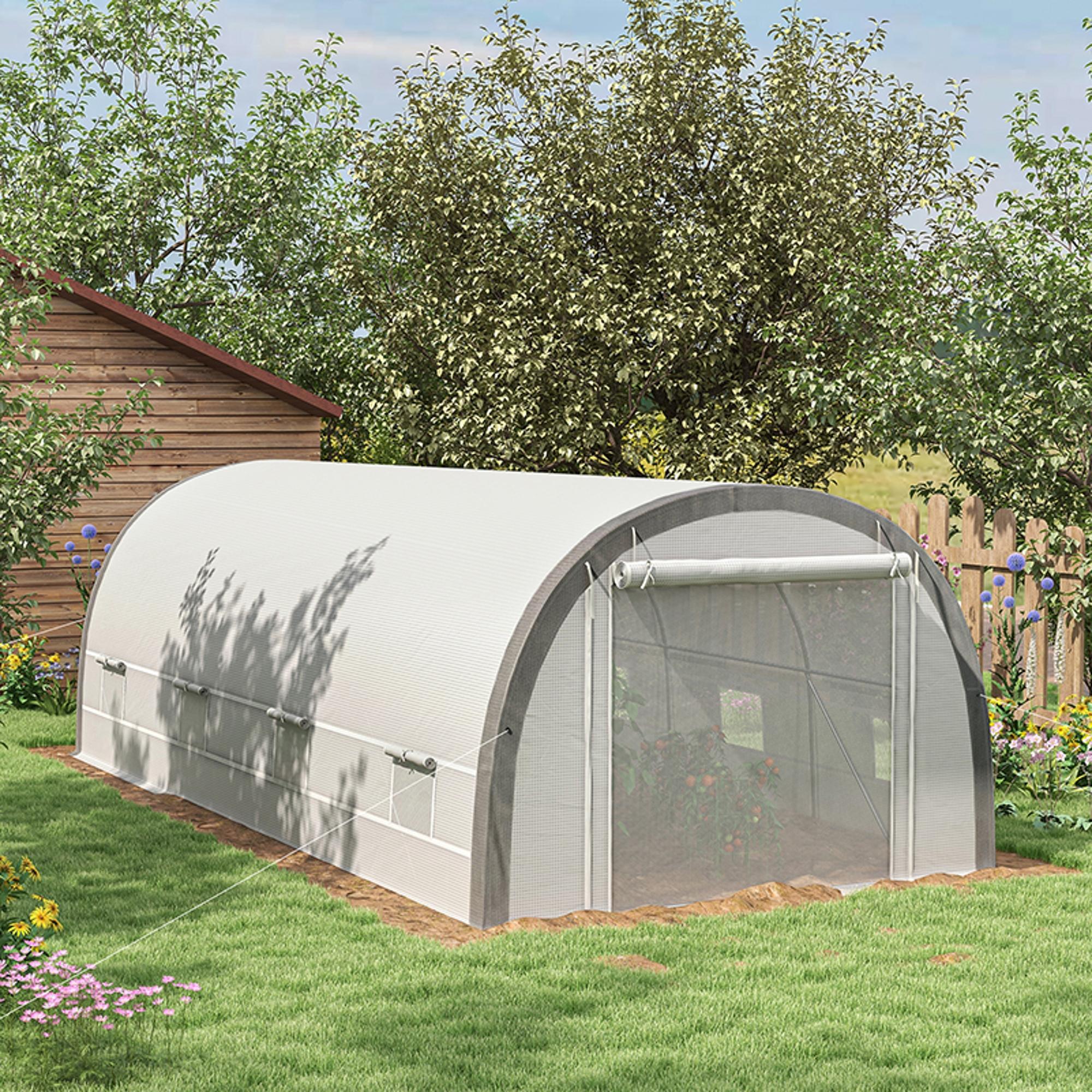 Outsunny 6 x 3(m) Polytunnel Greenhouse with Upgraded Structure, Mesh Door and Windows, 15 Plant Labels, White - North Peak Garden Furniture