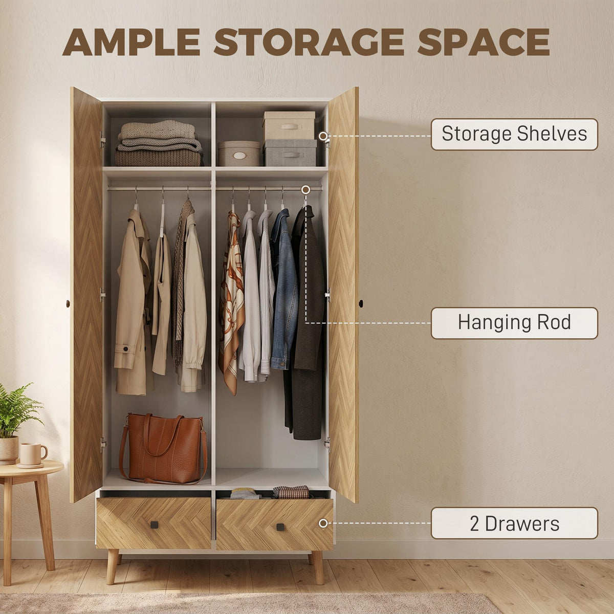HOMCOM Cabinet Wood-Effect Sticker Surface, Modern Wardrobe with 2 Hanging Rods, 2 Storage Shelves and 2 Drawers, White