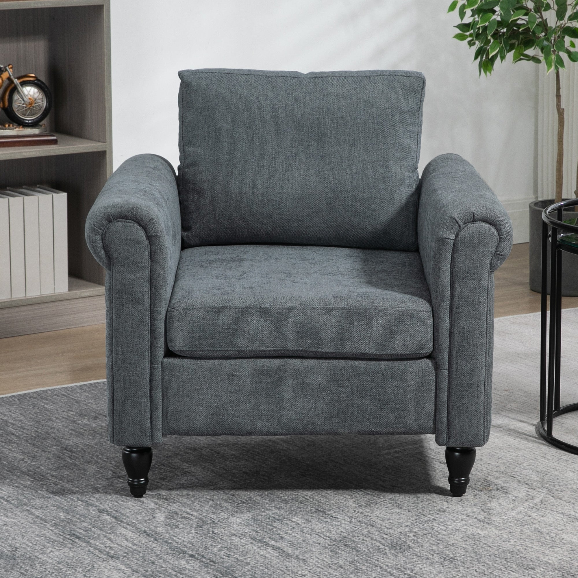 HOMCOM Vintage Accent Chair, Upholstered Occasional Chair with Back Pillow, Rolled Arms, Rubber Wood Legs, Grey - North Peak Garden Furniture