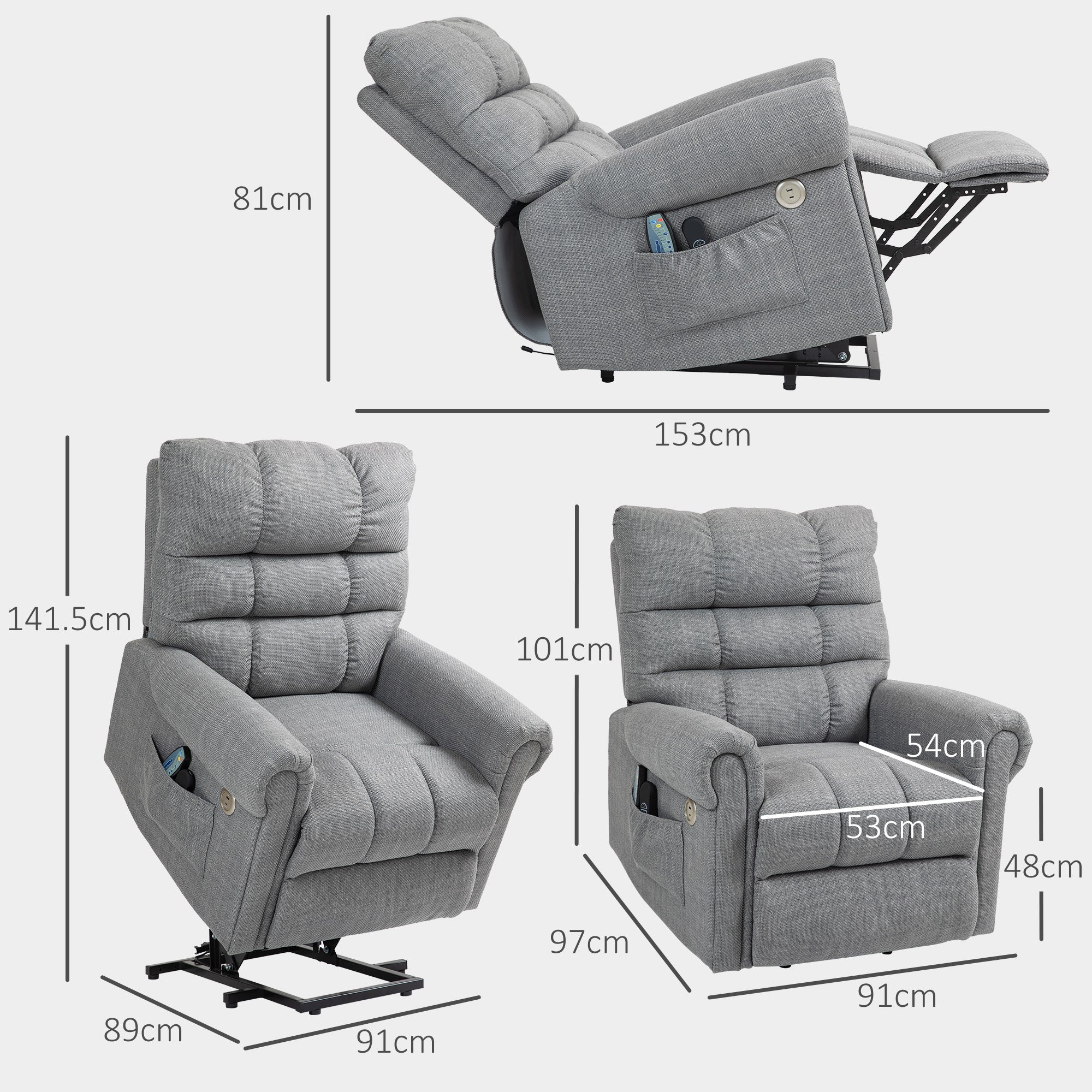 HOMCOM Rise and Recline Electric Massage Armchair - Grey - North Peak Garden Furniture