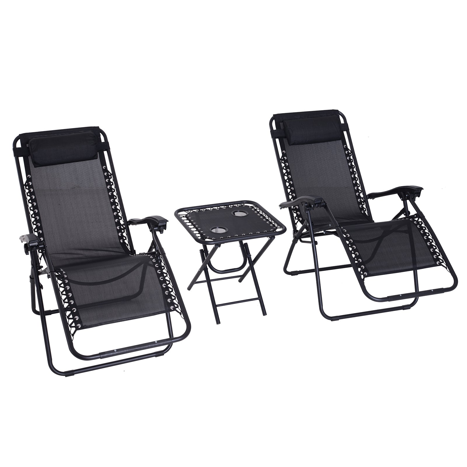 Outsunny 3pcs Folding Zero Gravity Chairs Sun Lounger Table Set w/ Cup Holders Reclining Garden Yard Pool, Black - North Peak Garden Furniture