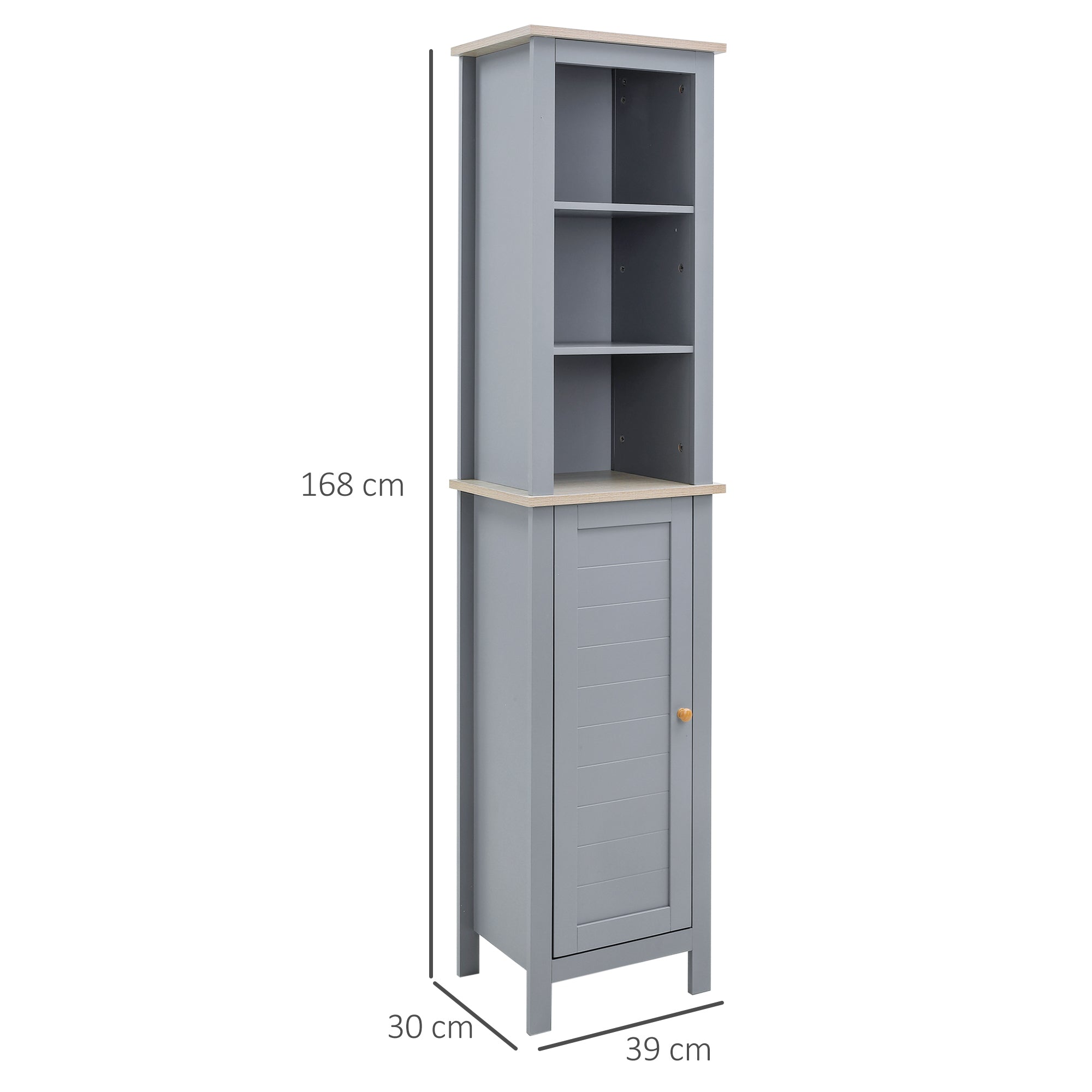 kleankin Bathroom Floor Storage Cabinet with 3 Tier Shelf and Cupboard with Door, Free Standing Linen Tower, Tall Slim Side Organizer Shelves, Grey - North Peak Garden Furniture