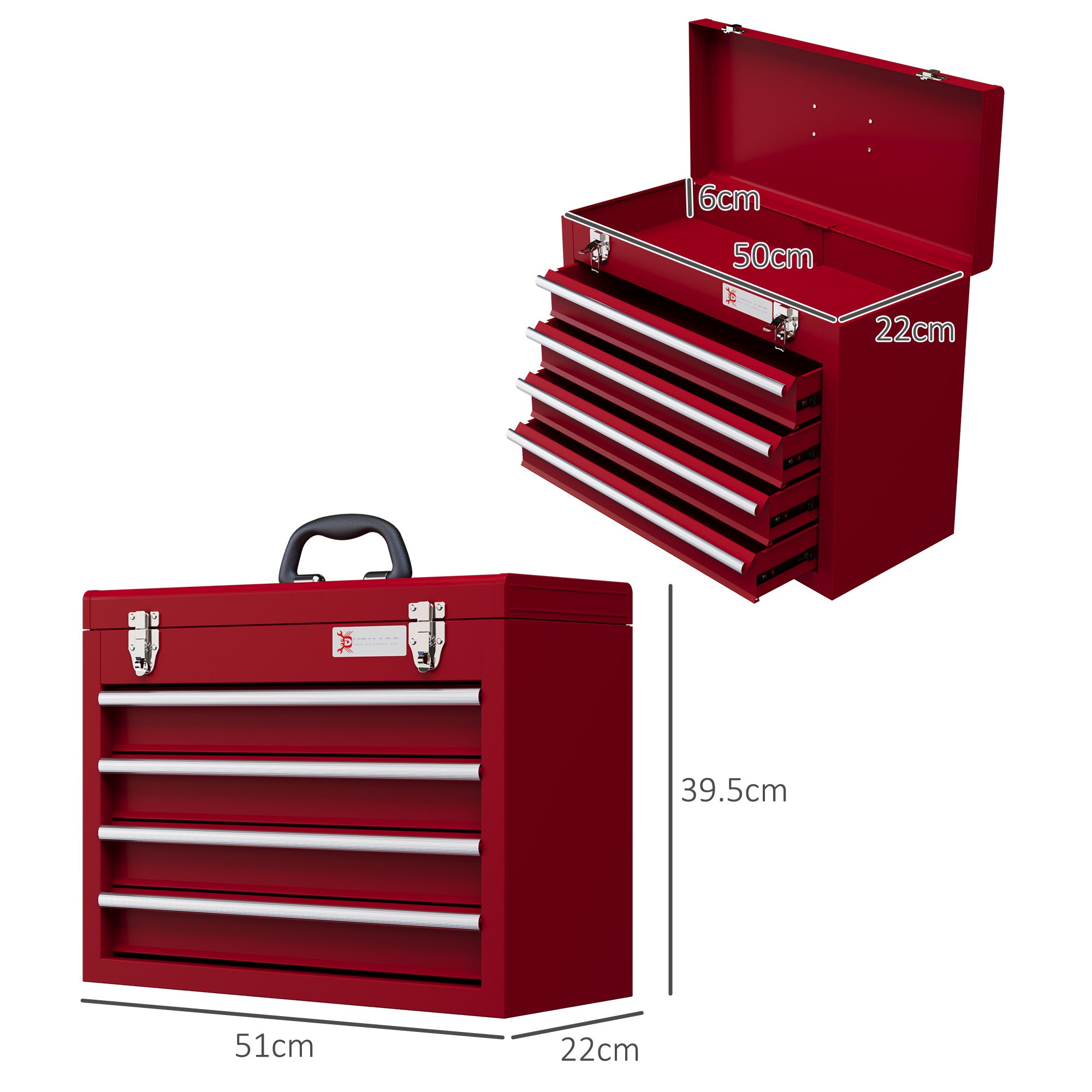 DURHAND Lockable Metal Tool Box, 4 Drawer Tool Chest with Latches, Handle, Ball Bearing Runners, Red - North Peak Garden Furniture