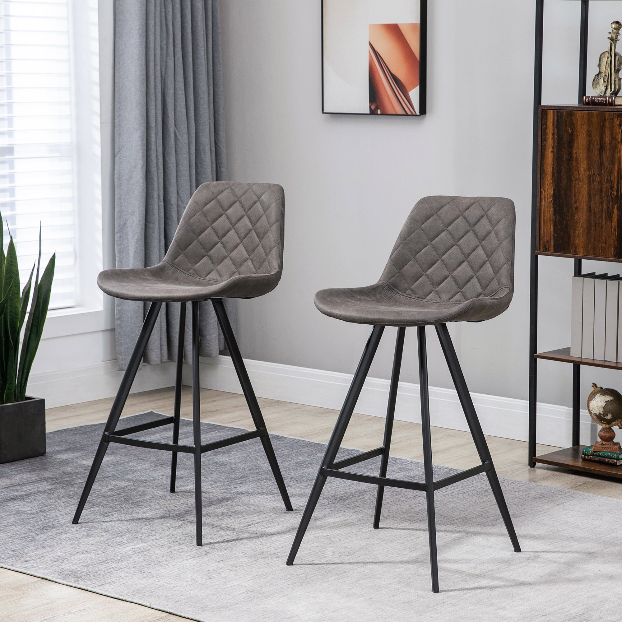 HOMCOM Set Of 2 Bar Stools Vintage Microfiber Cloth Tub Seats Padded Comfortable Steel Frame Footrest Quilted Home Bar Cafe Kitchen Chair Stylish Dark Grey